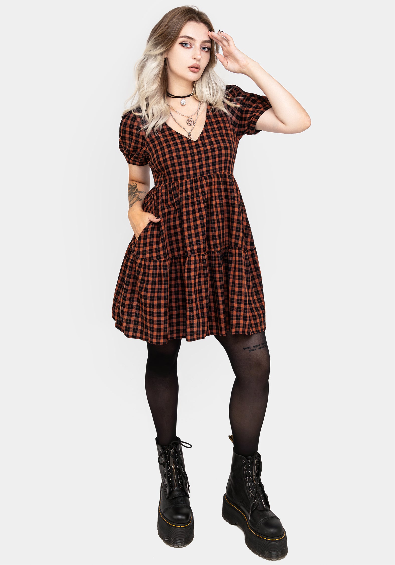 Orange Gingham Mini Smock Dress with Puffy Sleeves | Terra Check