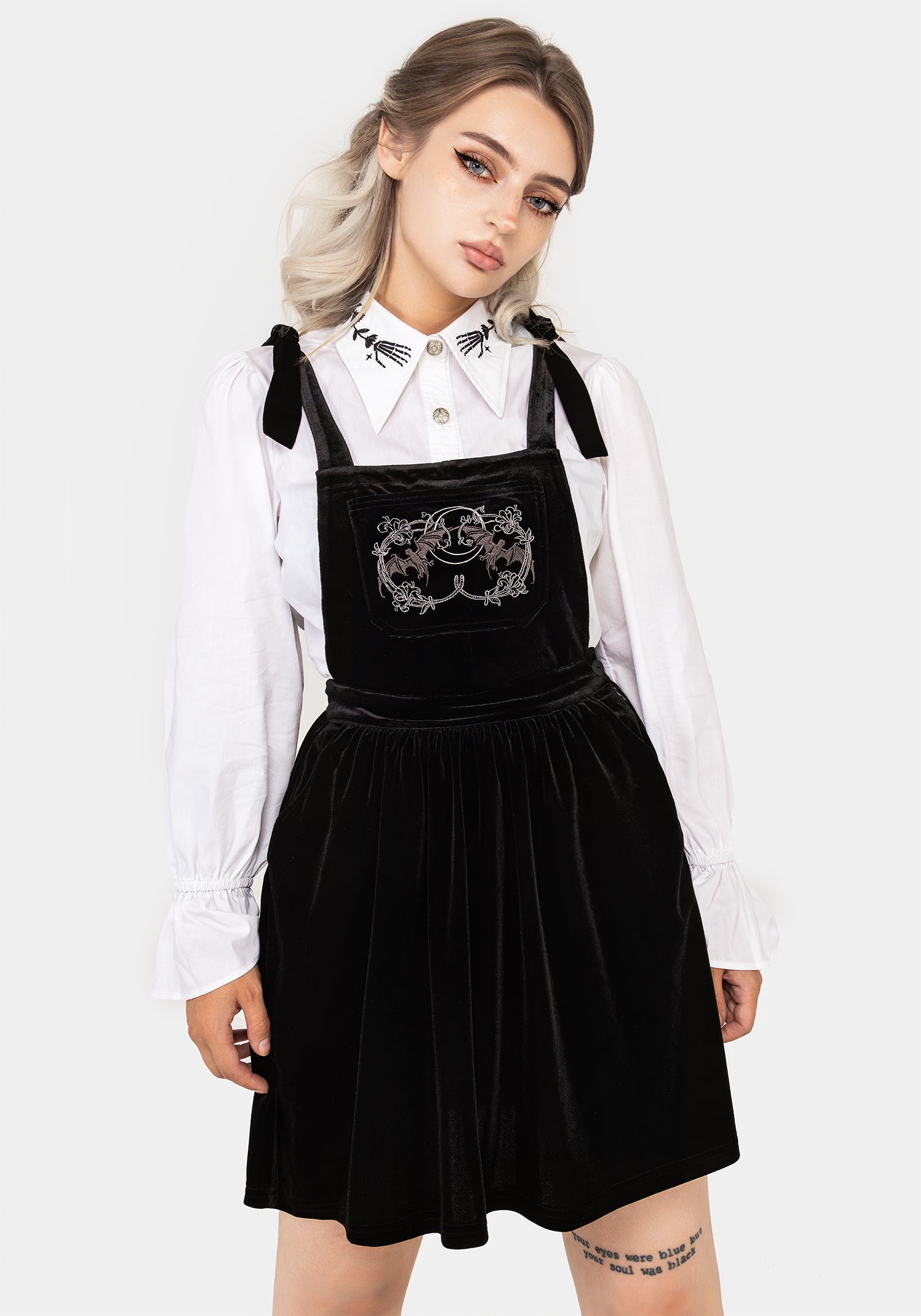 Bat Embroidered Velour Mini Pinafore Dress | Vampyrum