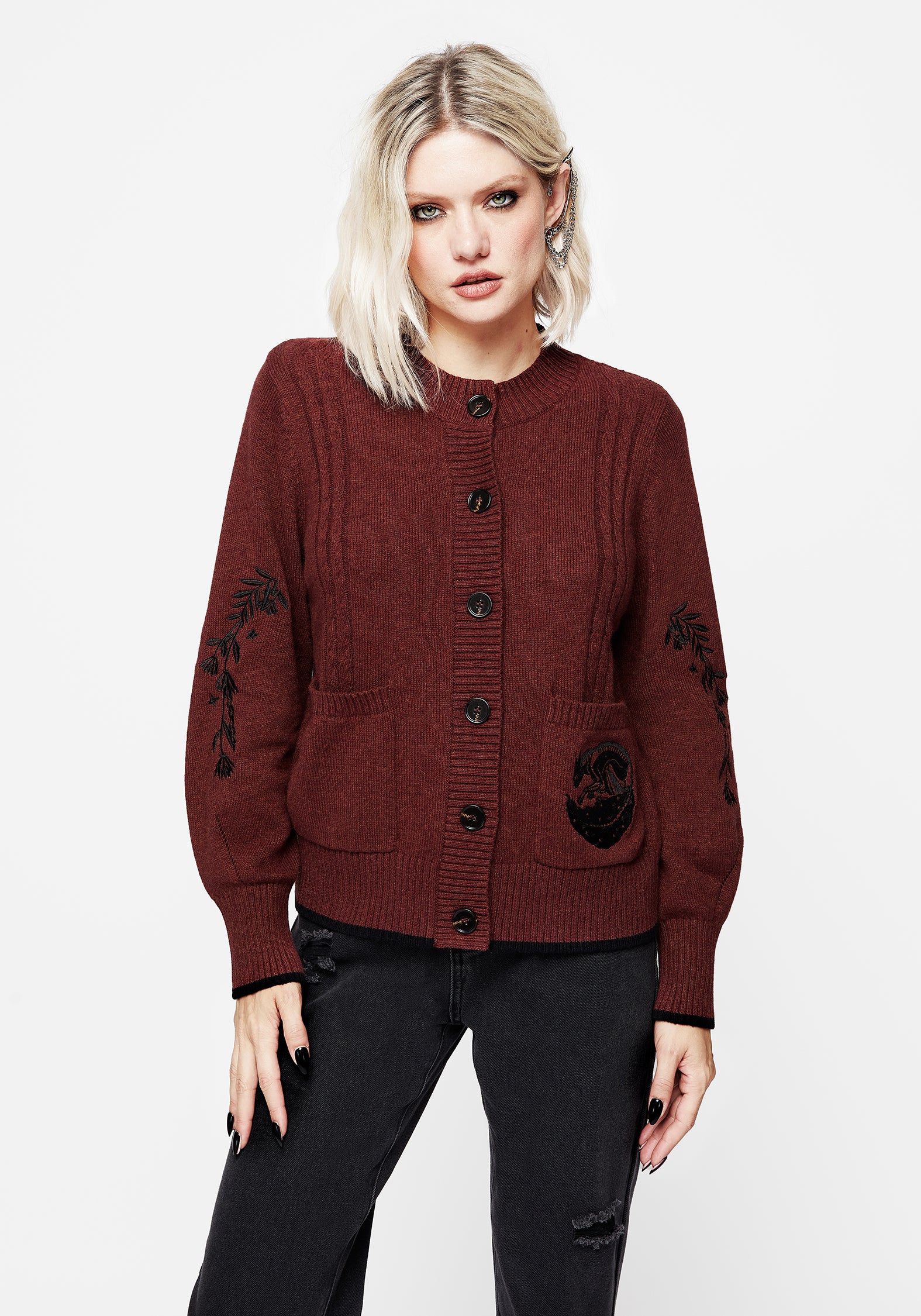 Burgundy Fox Embroidered Cable Knit Cardigan | Foxfire