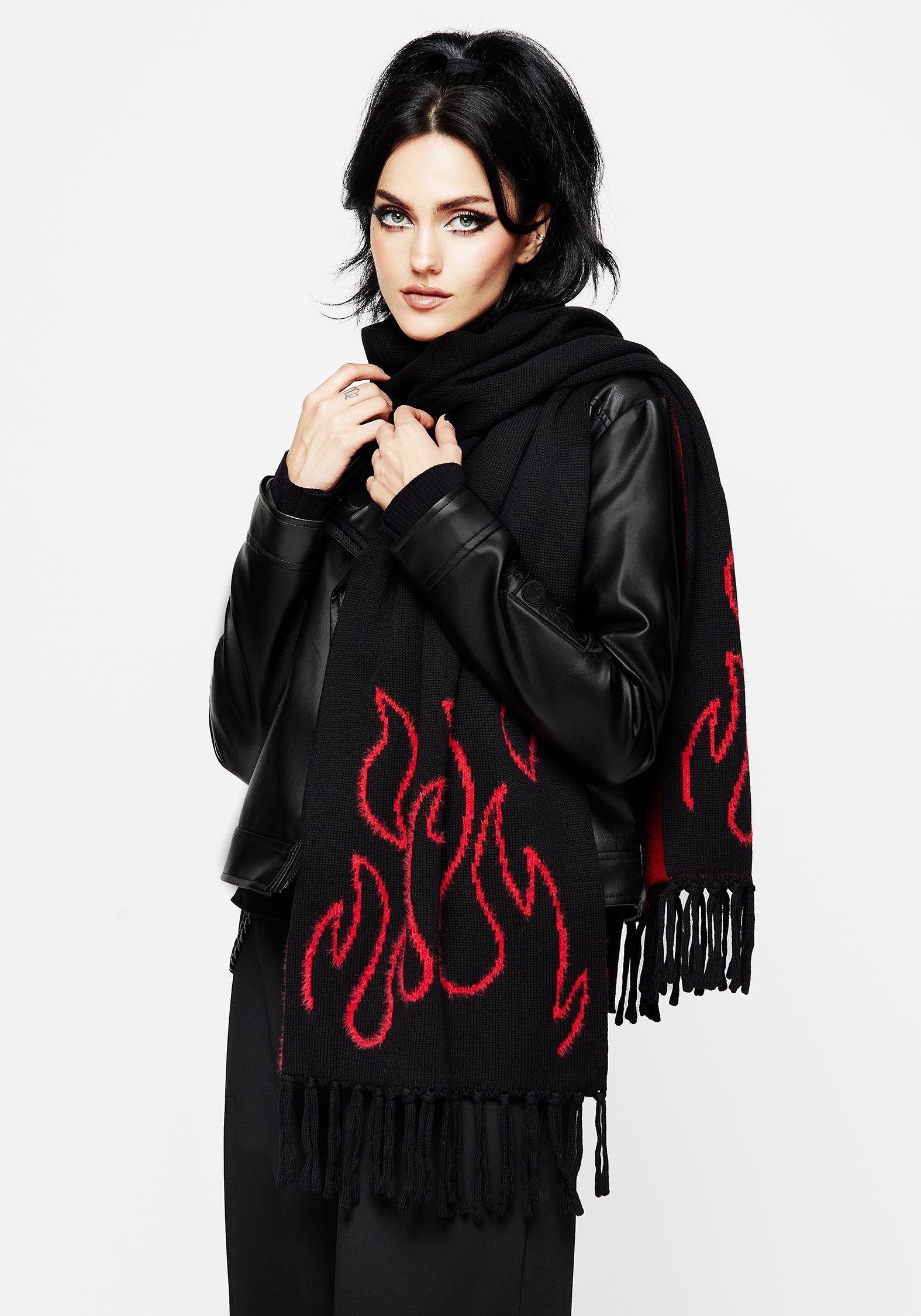 Black & Red Flame Knit Scarf with Tassels | Blaze