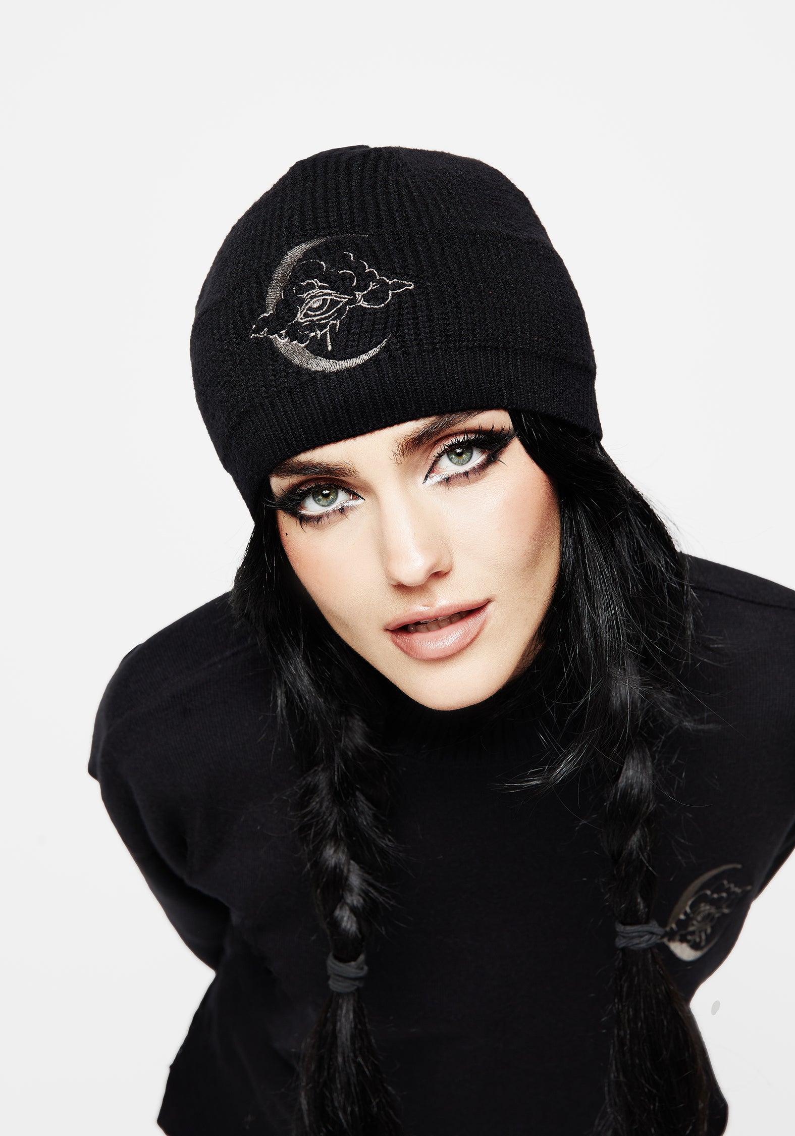 Embroidered Knit Beanie with Moon & Cloud Design | Lachrymose