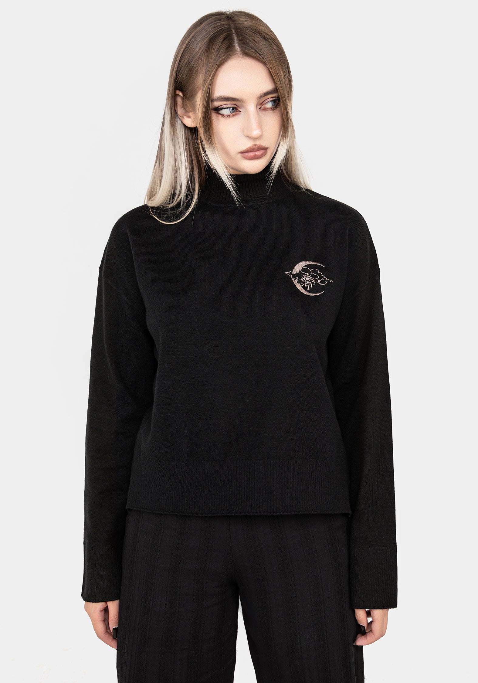 Embroidered Mock Neck Sweater with Moon & Cloud Design | Lachrymose
