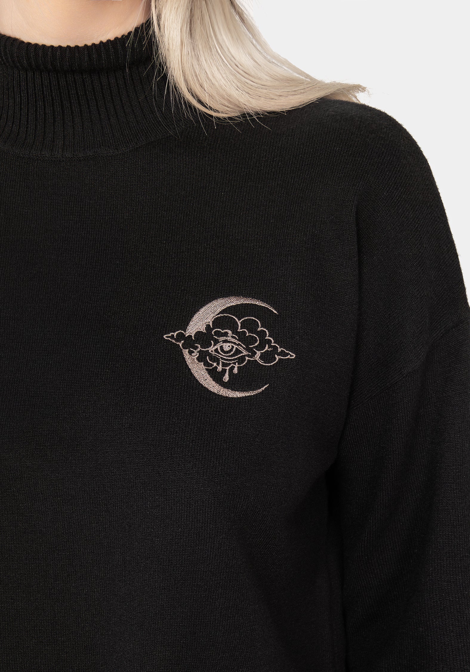 Embroidered Mock Neck Sweater with Moon & Cloud Design | Lachrymose