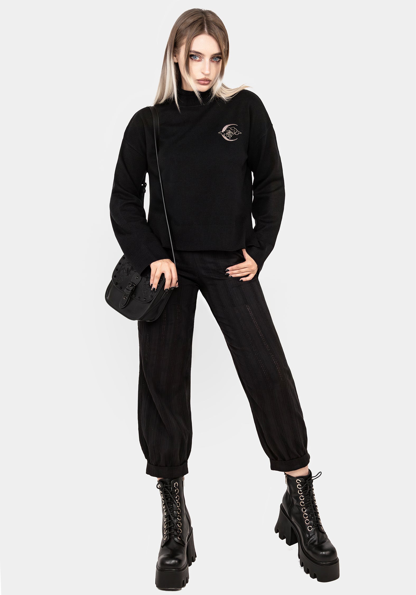 Embroidered Mock Neck Sweater with Moon & Cloud Design | Lachrymose