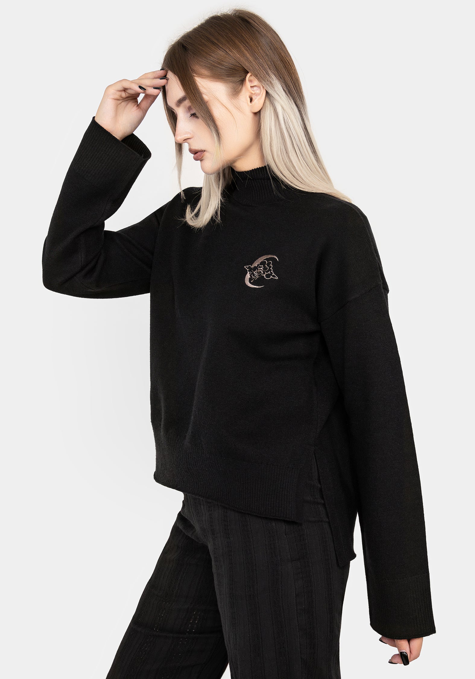 Embroidered Mock Neck Sweater with Moon & Cloud Design | Lachrymose