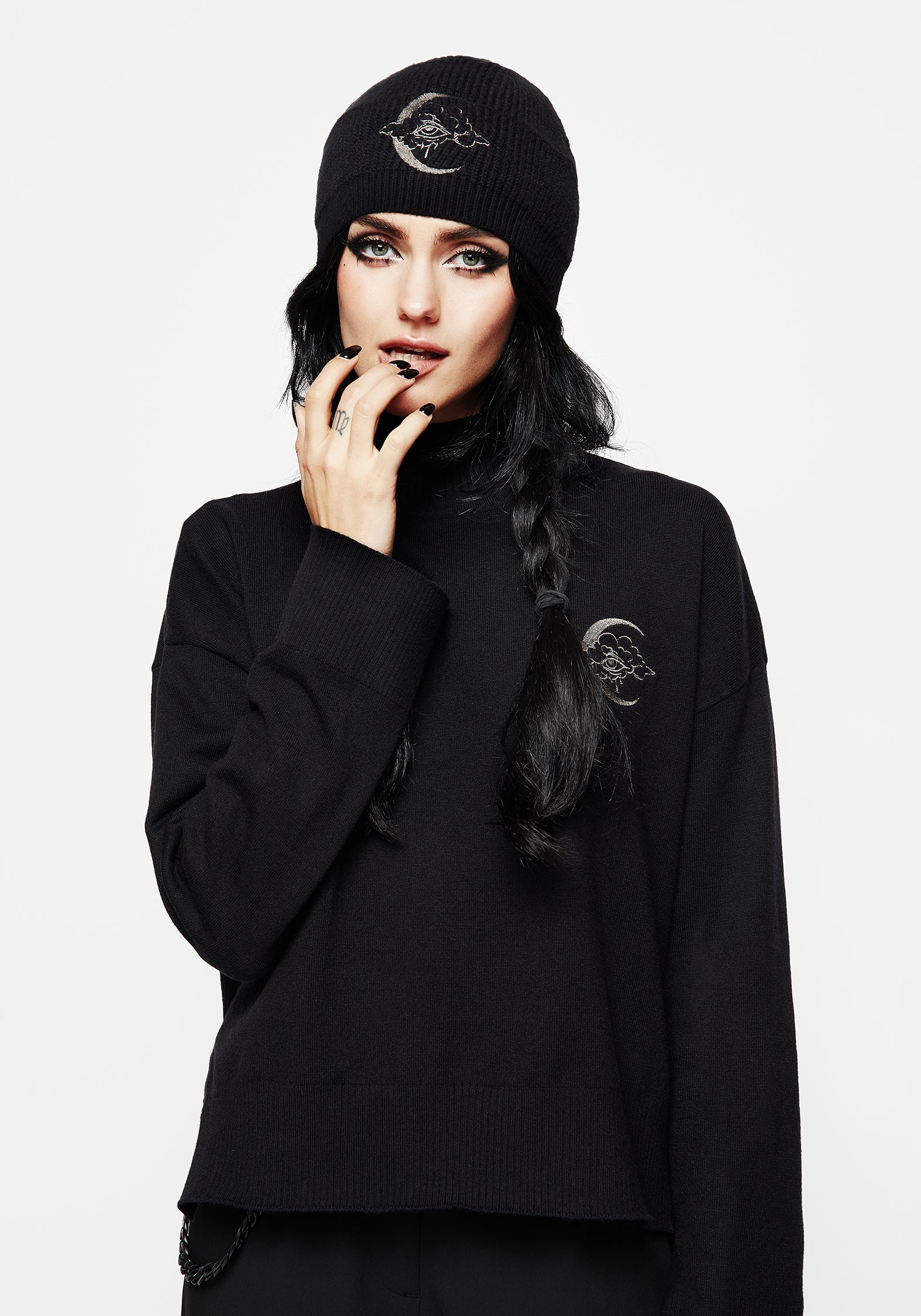 Embroidered Mock Neck Sweater with Moon & Cloud Design | Lachrymose