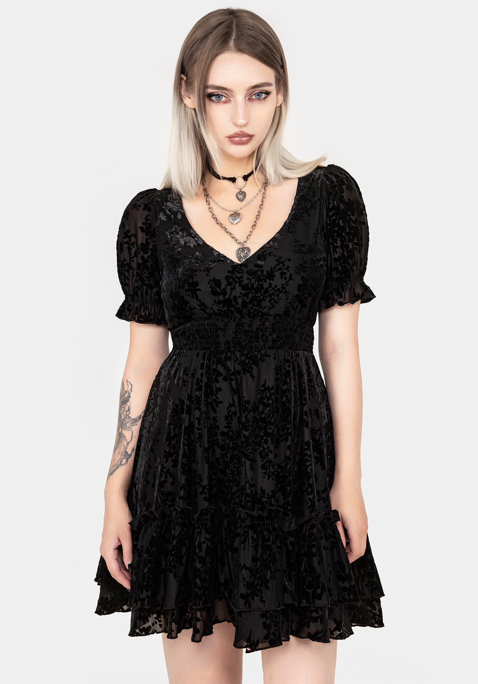Black Velvet Mesh Mini Dress with Tiered Skirt | Lilias Devoré