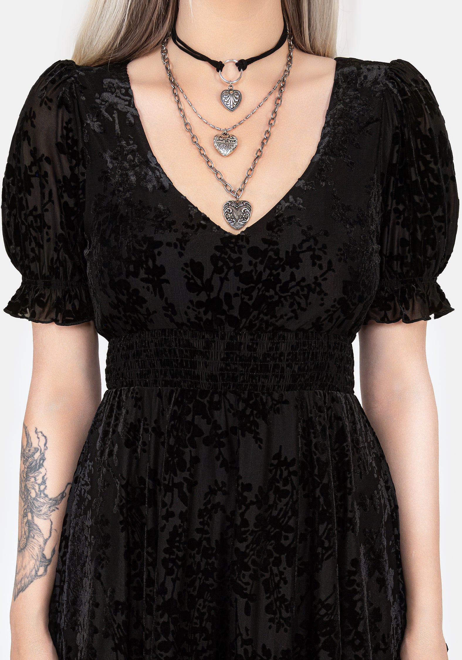 Black Velvet Mesh Mini Dress with Tiered Skirt | Lilias Devoré