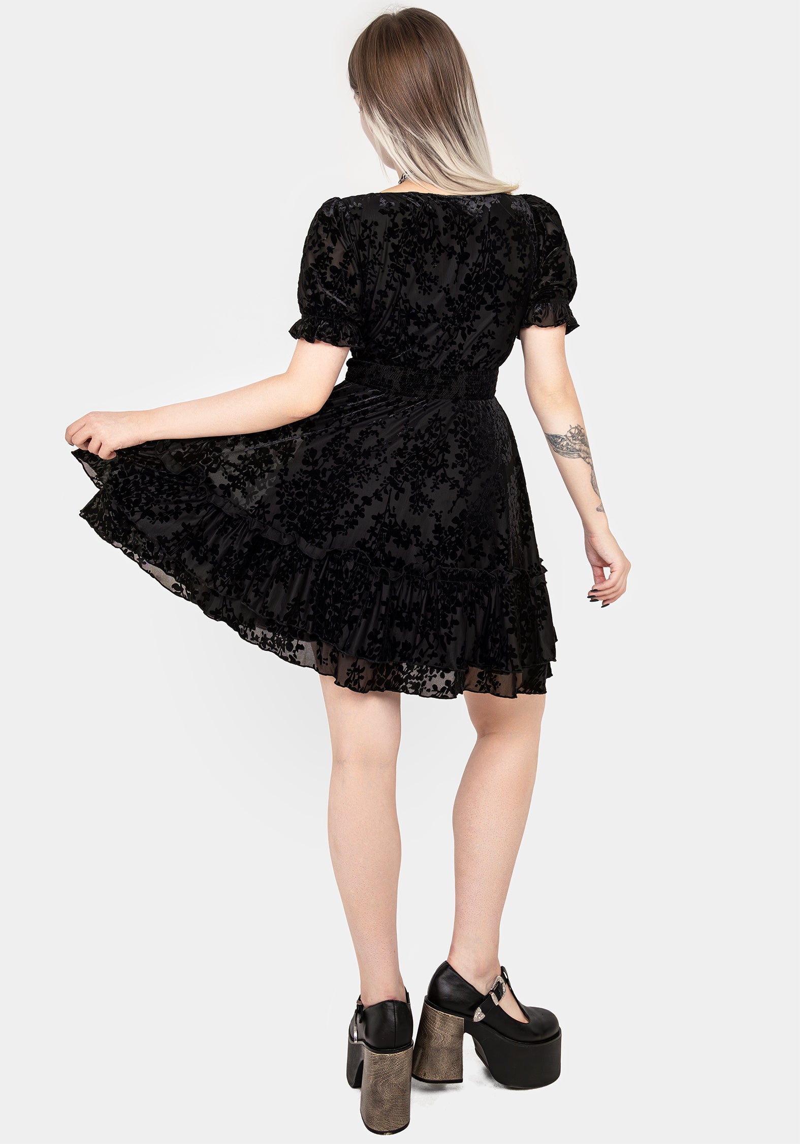 Black Velvet Mesh Mini Dress with Tiered Skirt | Lilias Devoré