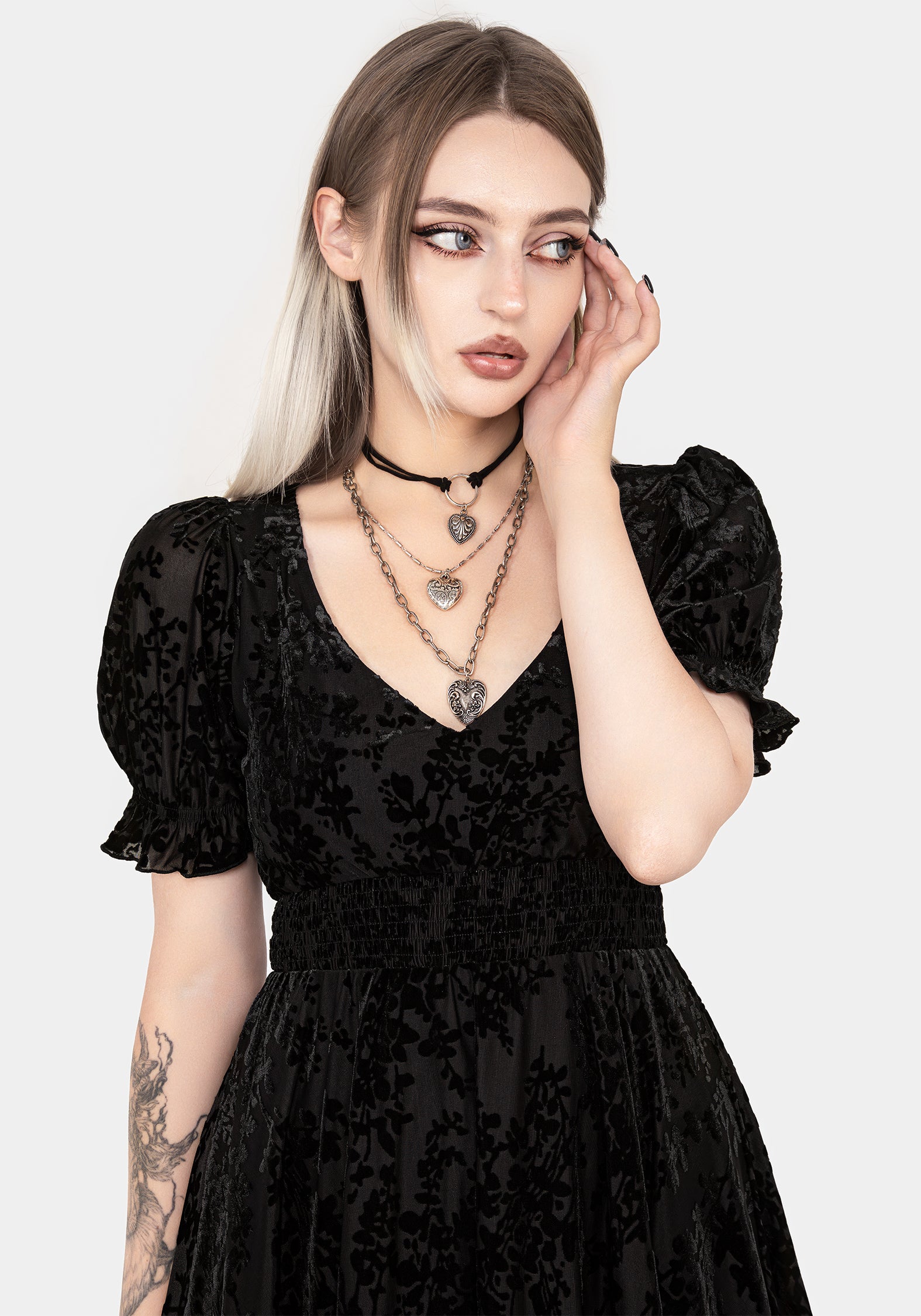 Black Velvet Mesh Mini Dress with Tiered Skirt | Lilias Devoré