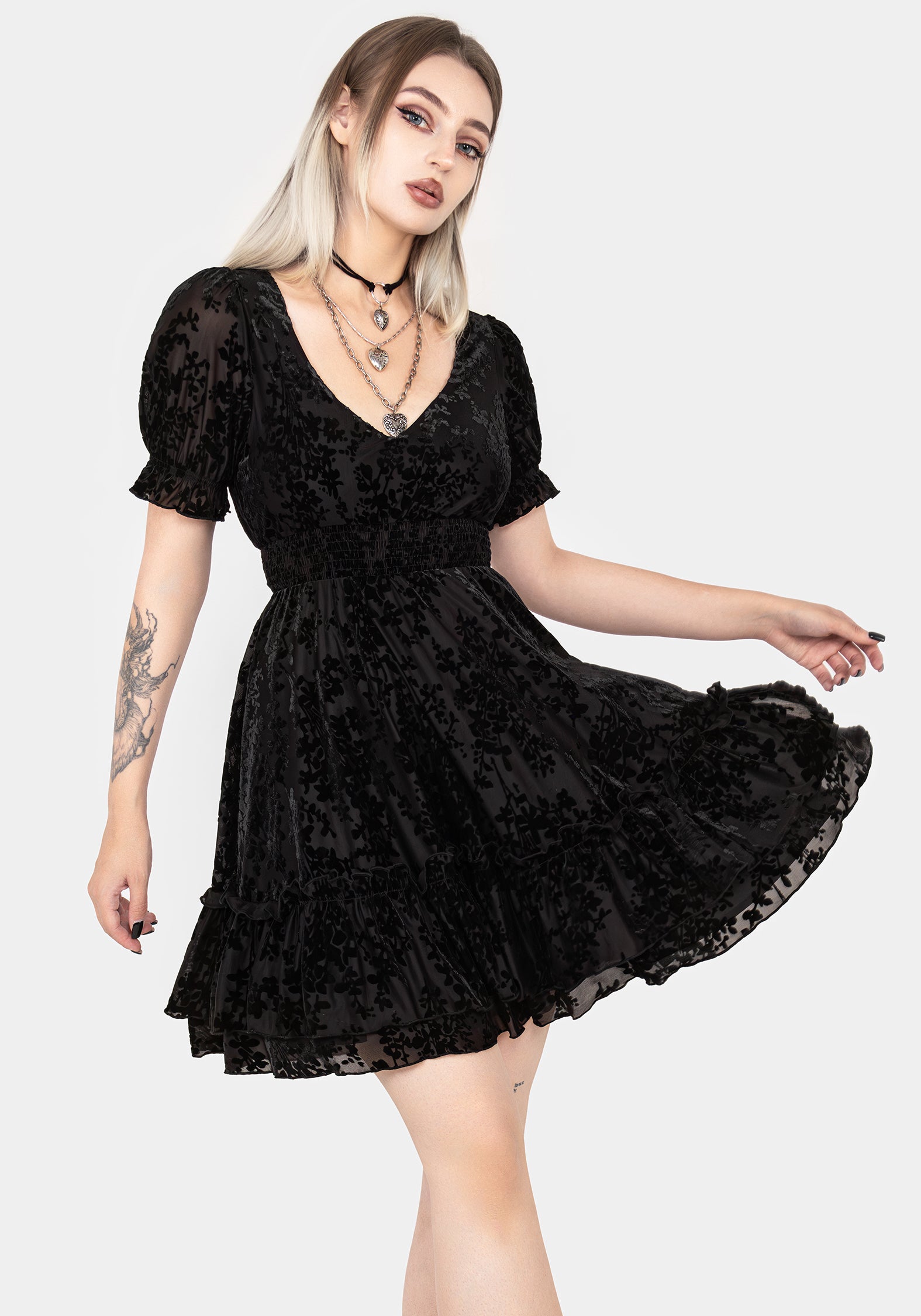 Black Velvet Mesh Mini Dress with Tiered Skirt | Lilias Devoré