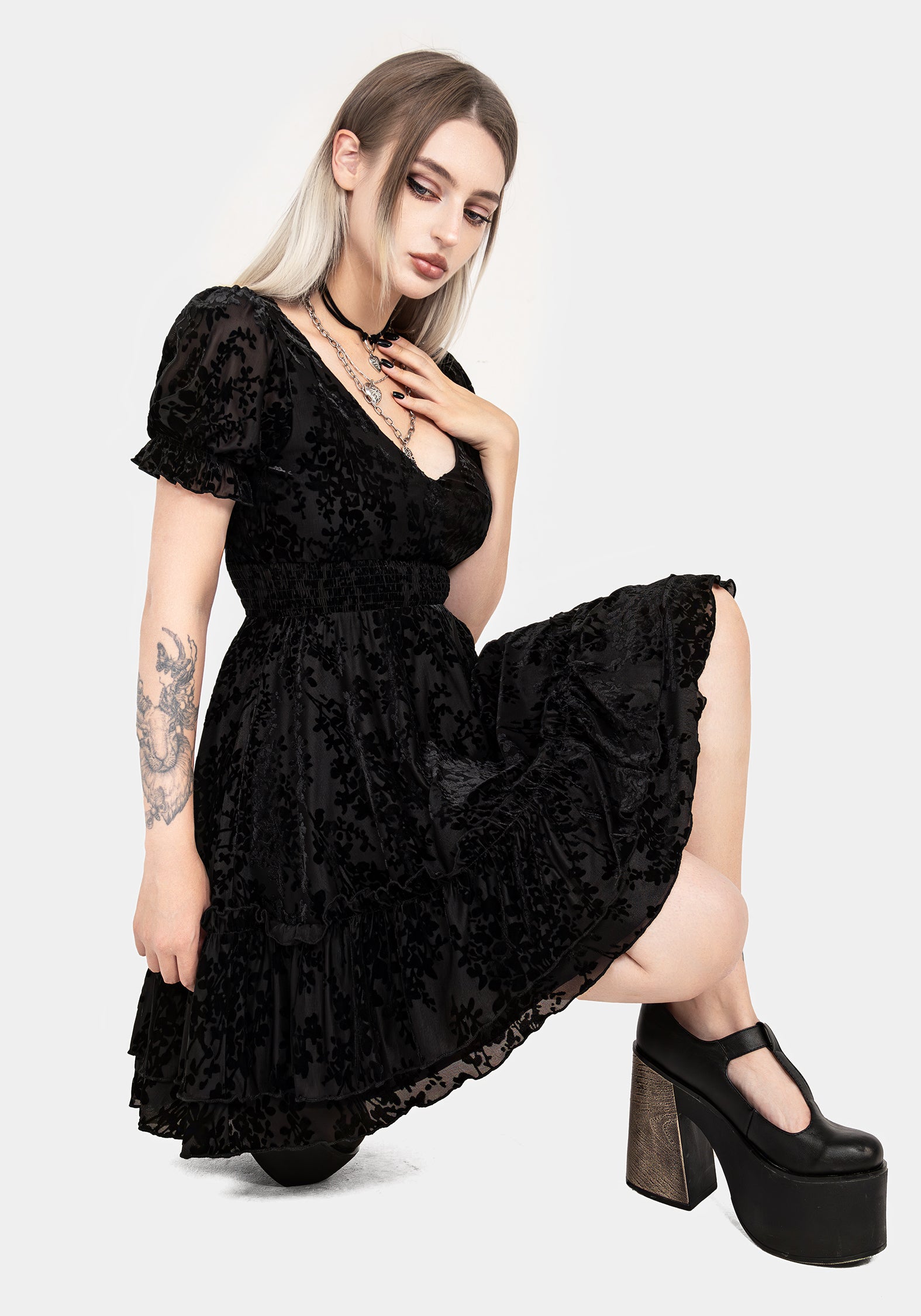 Black Velvet Mesh Mini Dress with Tiered Skirt | Lilias Devoré