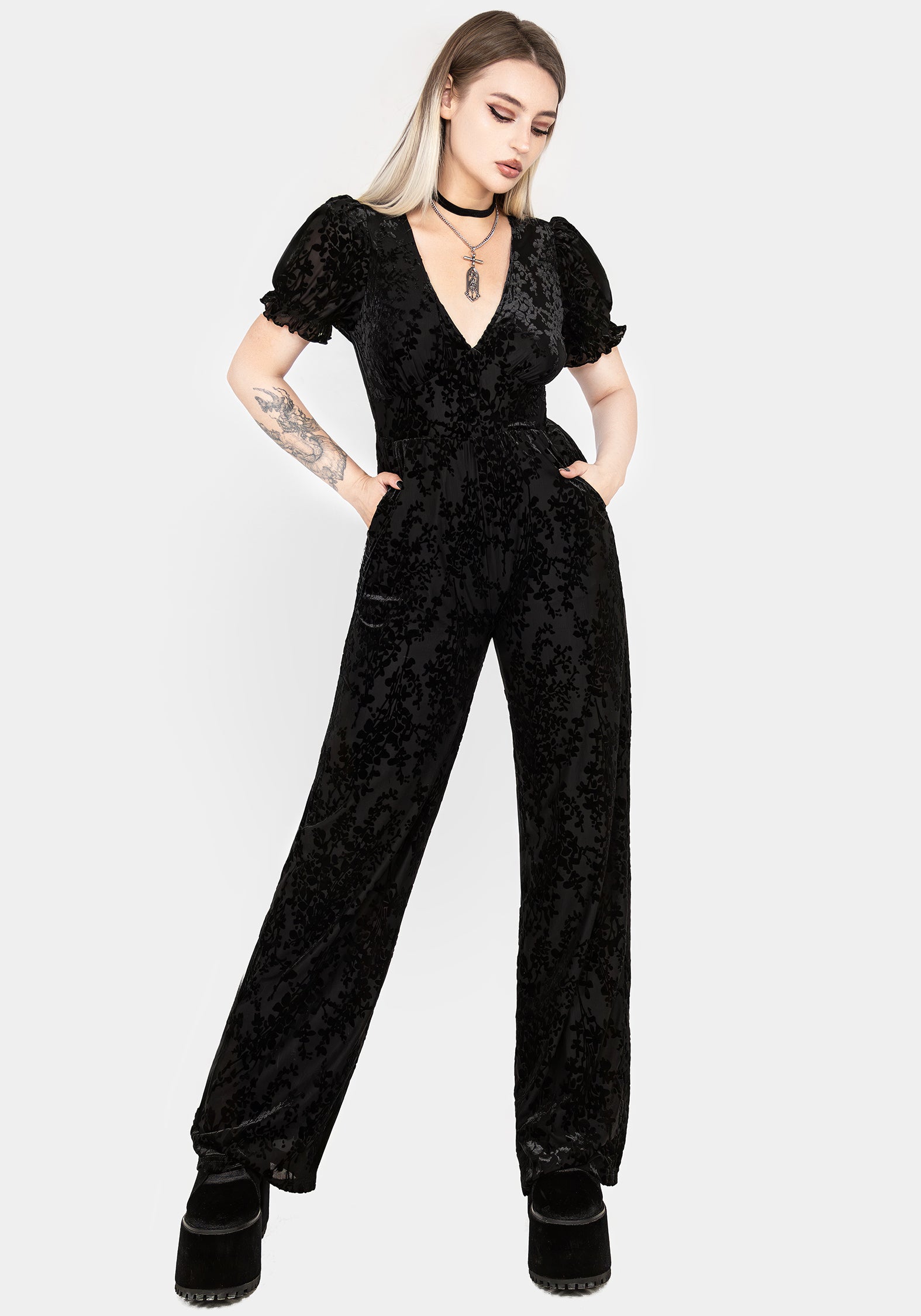 Black Velvet Mesh Jumpsuit with Floral Pattern | Lilias Devoré