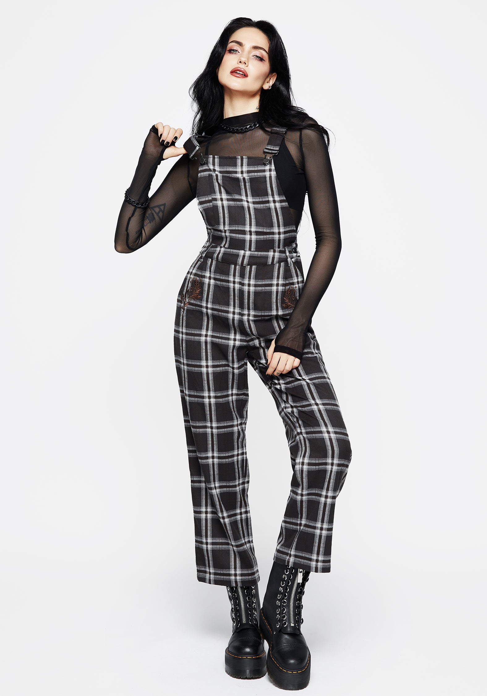 Brown Check Dungarees with Floral Embroidery & Adjustable Straps