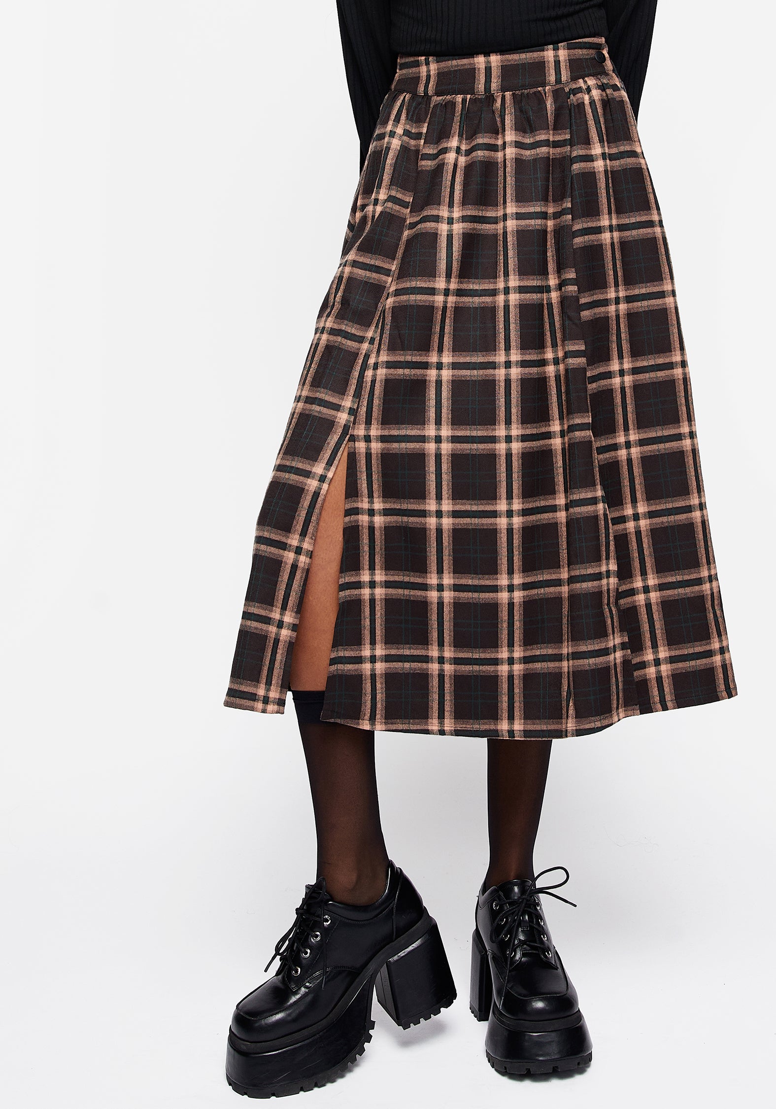 Brown & Peach Check Pleated Midi Skirt with Pockets | Ambrose