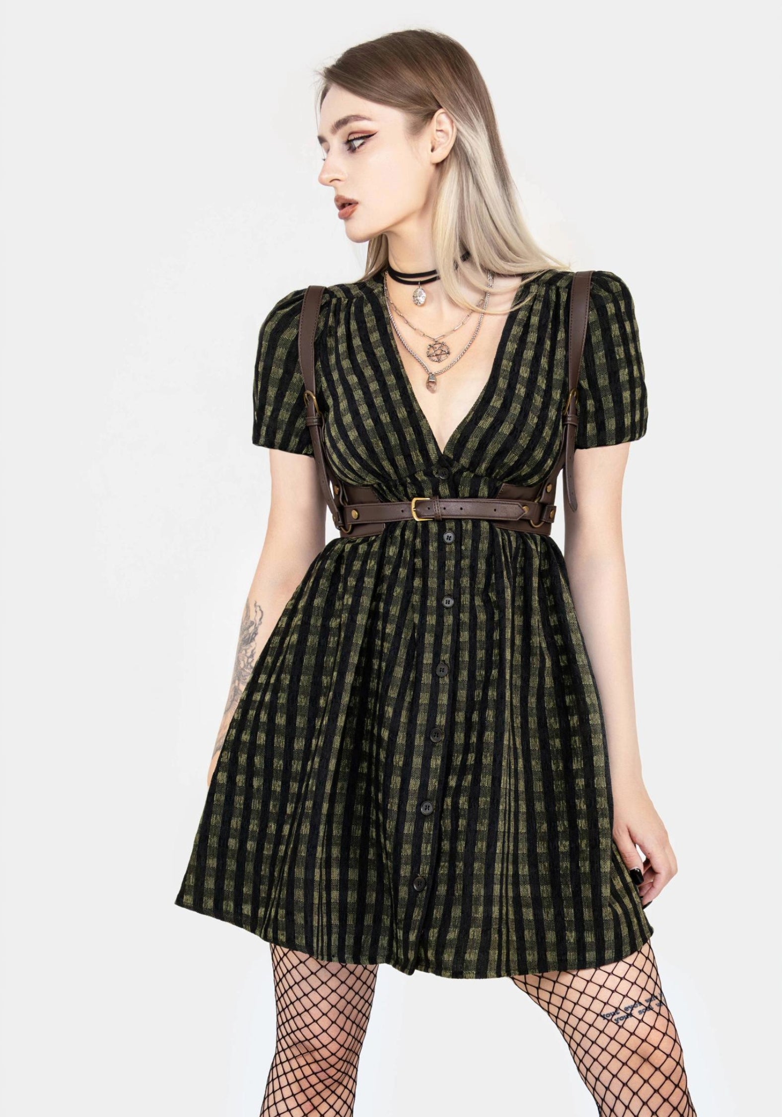 Green Check Button-Up Mini Dress with Puff Sleeves | Rydal