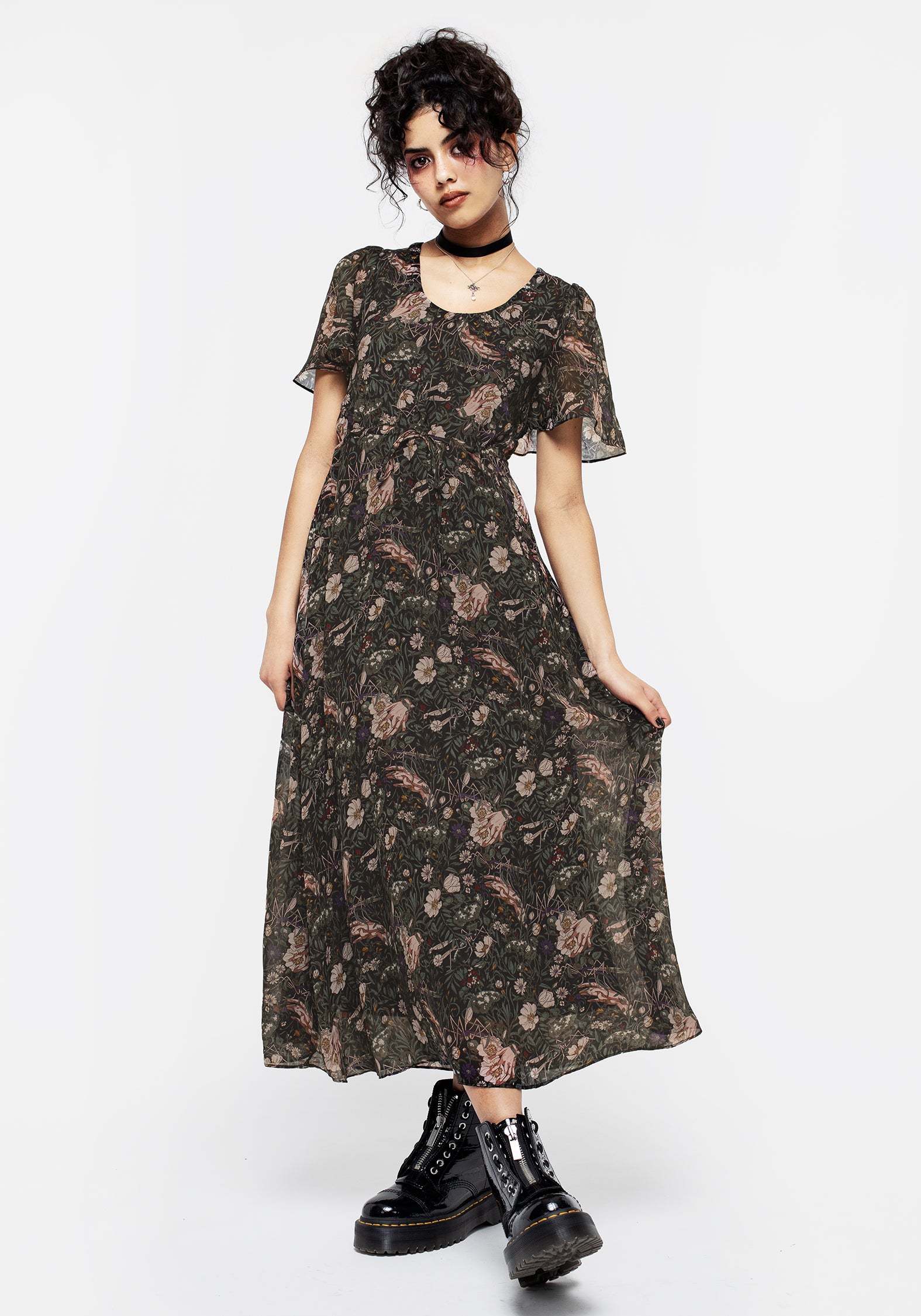 Green Floral Chiffon Midaxi Dress with Sheer Sleeves | Ophelia