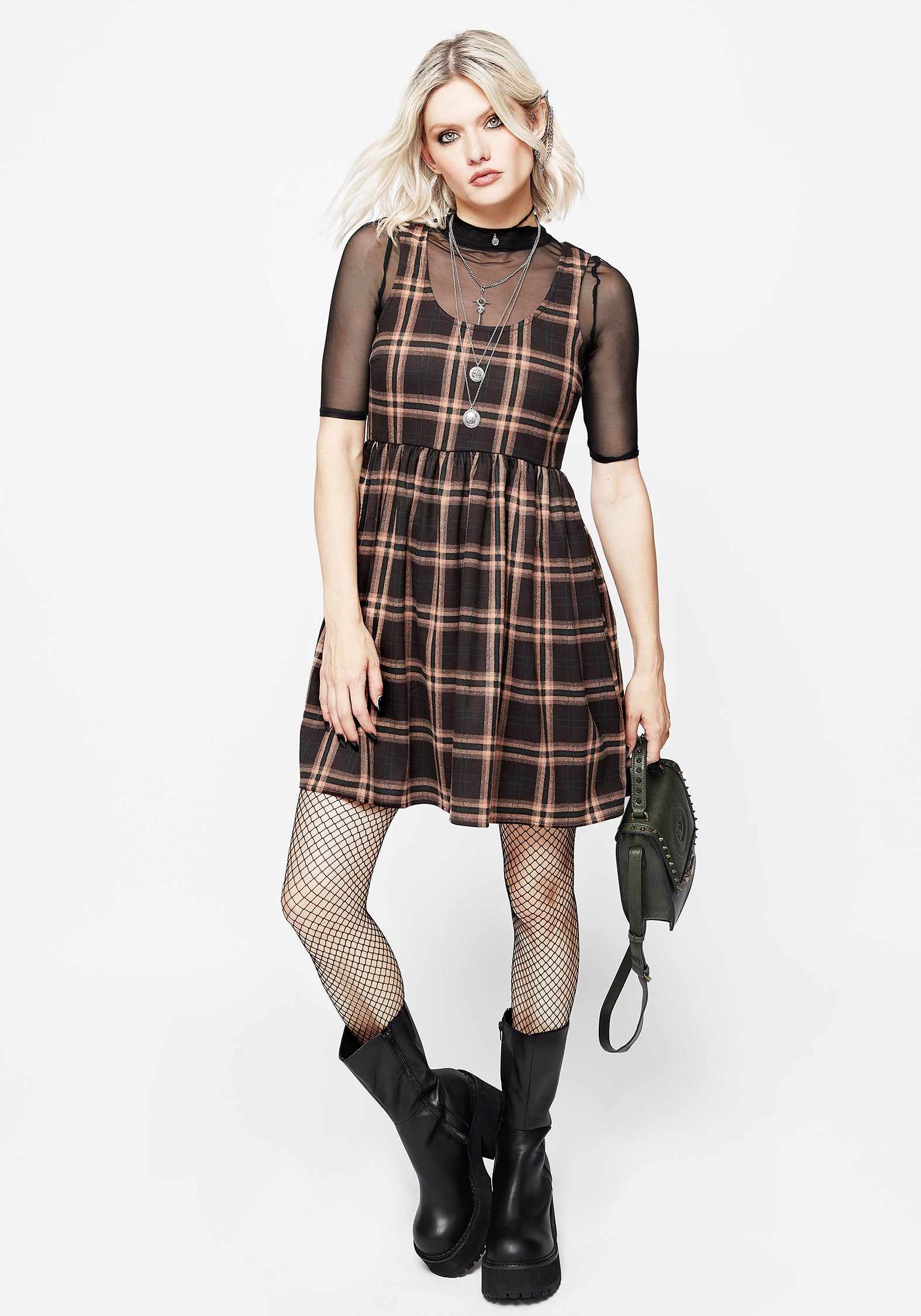 Brown & Peach Check Mini Smock Dress | Fit 'n' Flare with Back Zipper
