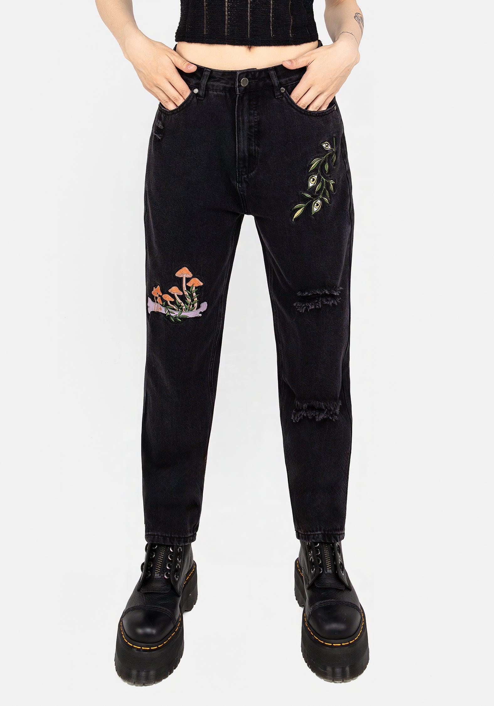 Distressed Mom Jeans with Frog & Mushroom Embroidery | Swamplife