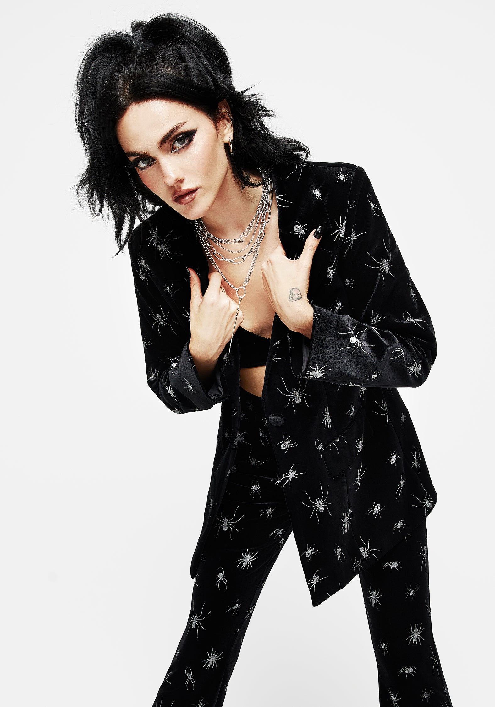 Black Velour Blazer with Silver Foil Spider Print | Spiro