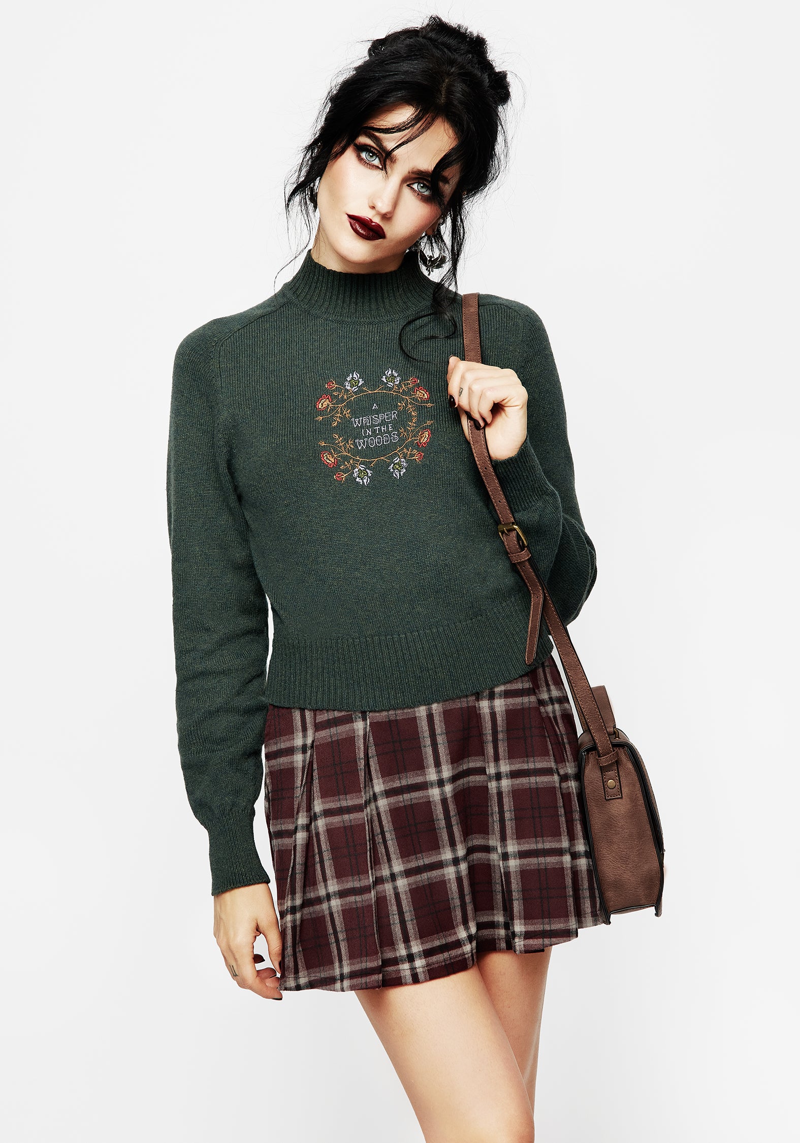 Dark Green Embroidered Knit Sweater with Mock Neck | Whisper