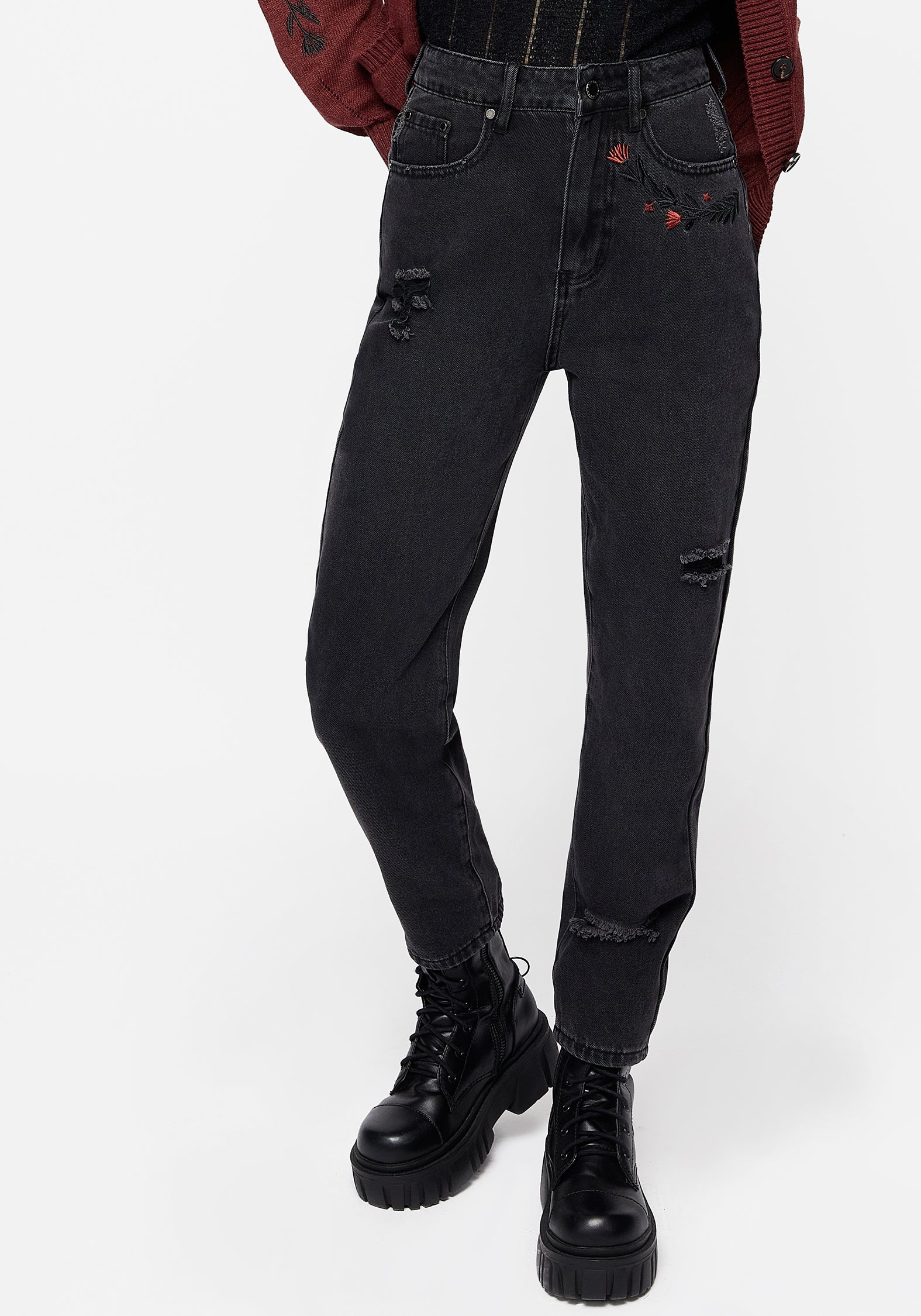 Distressed Mom Jeans with Fox Embroidery | Foxfire High-Waist Denim