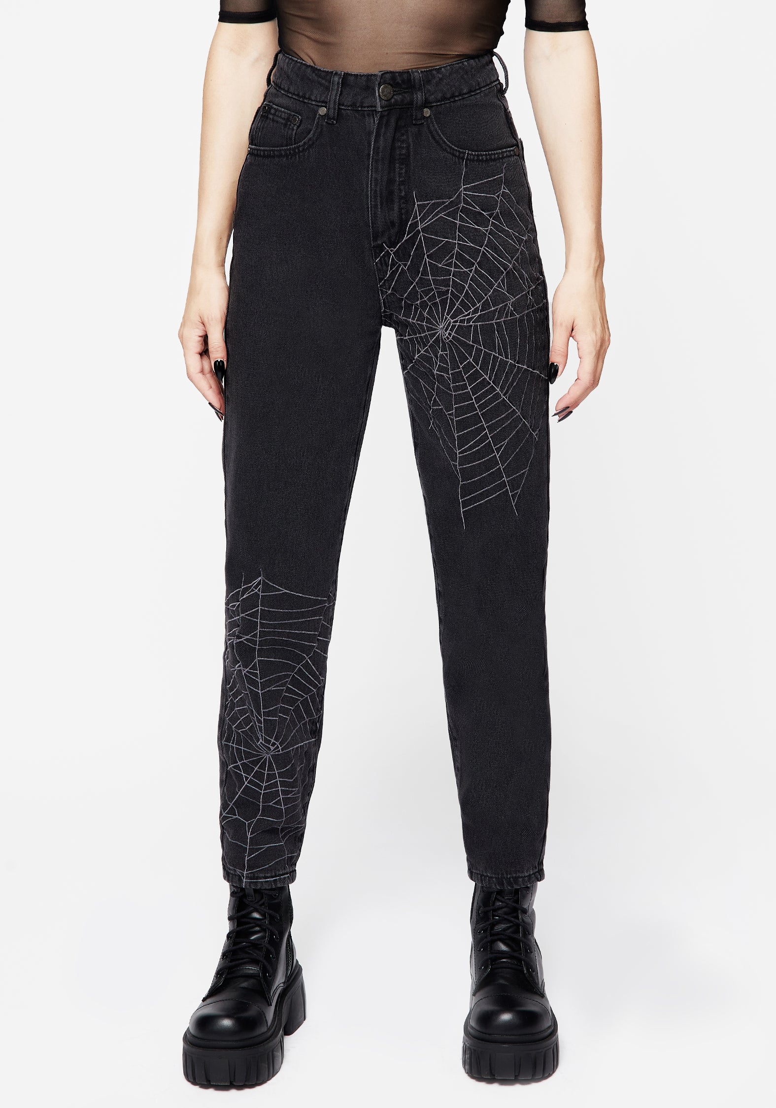Spiderweb Embroidered Mom Jeans | High-Rise Washed Black Denim