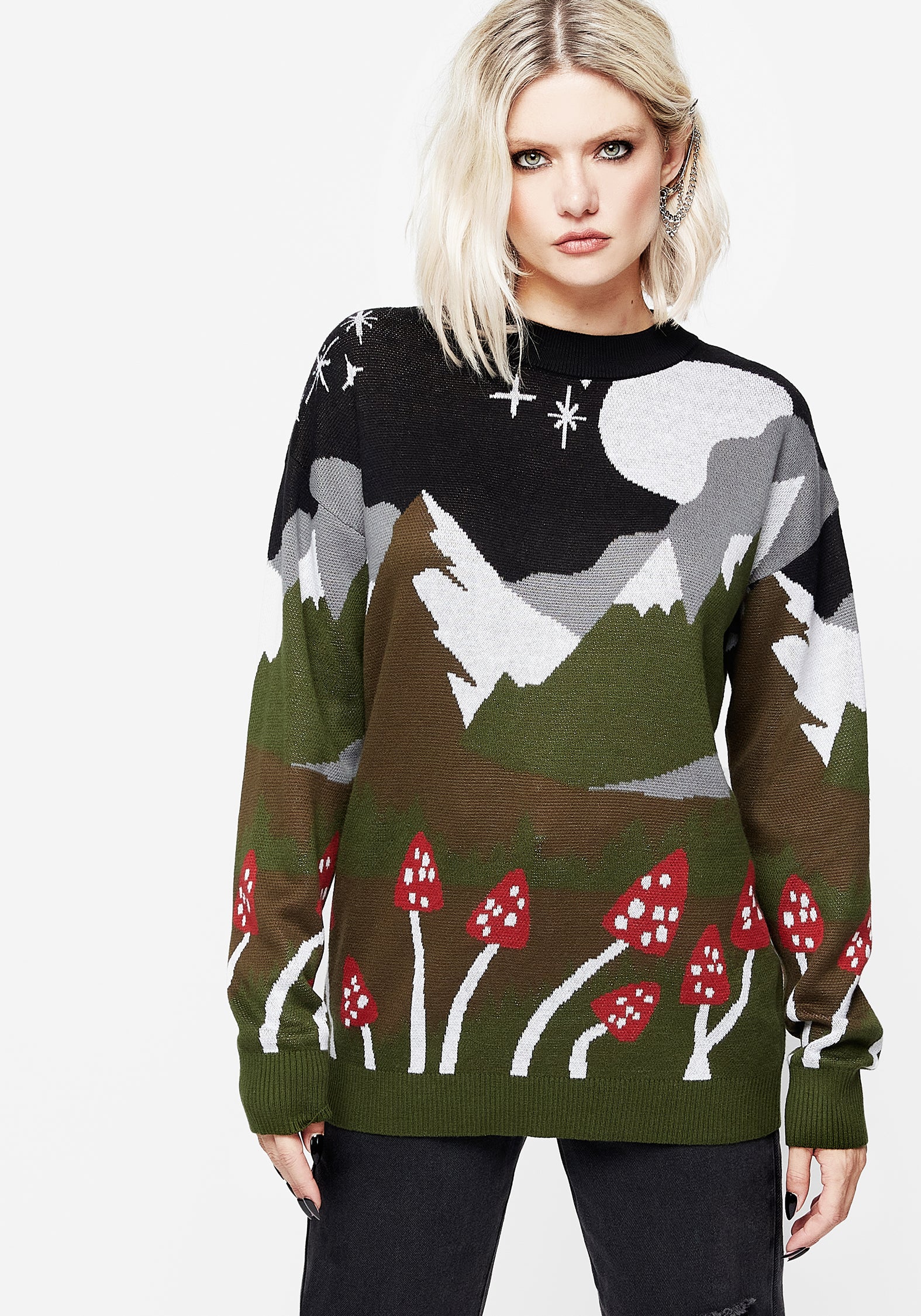 Green Mock Neck Knit Sweater with Mountain Graphic | Faraway