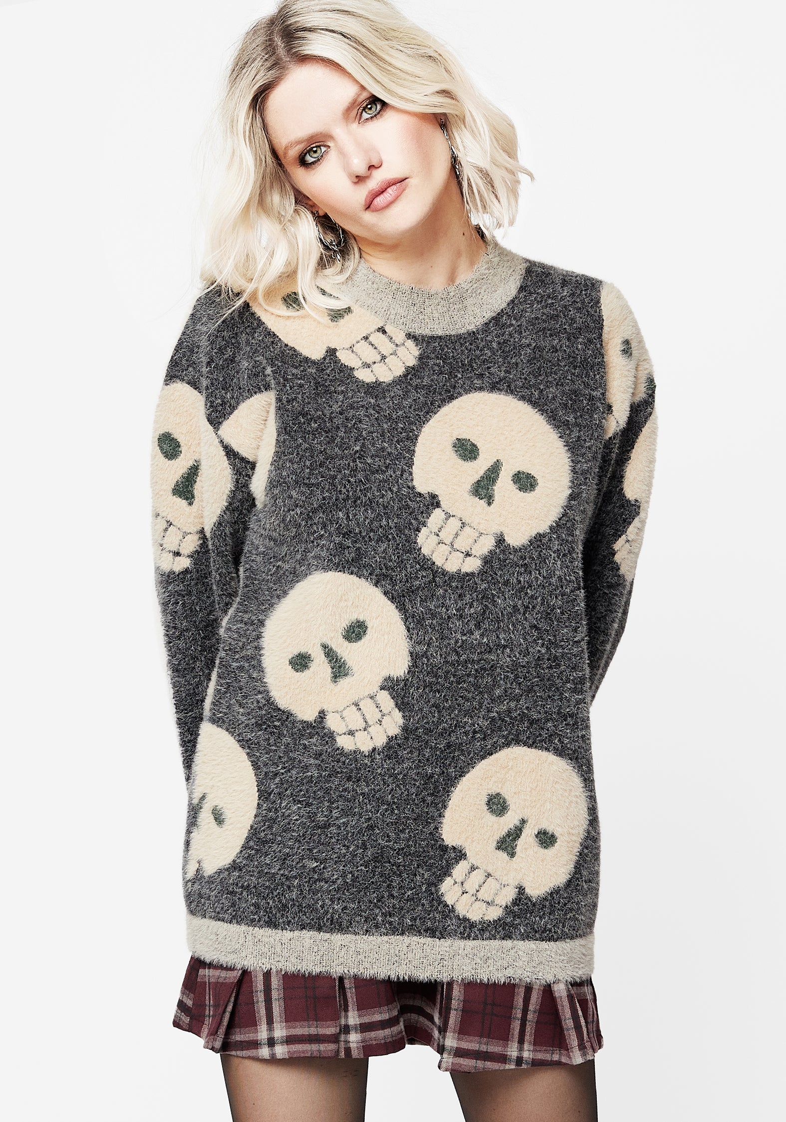 Grey Skull Jacquard Fluffy Knit Sweater | Crania