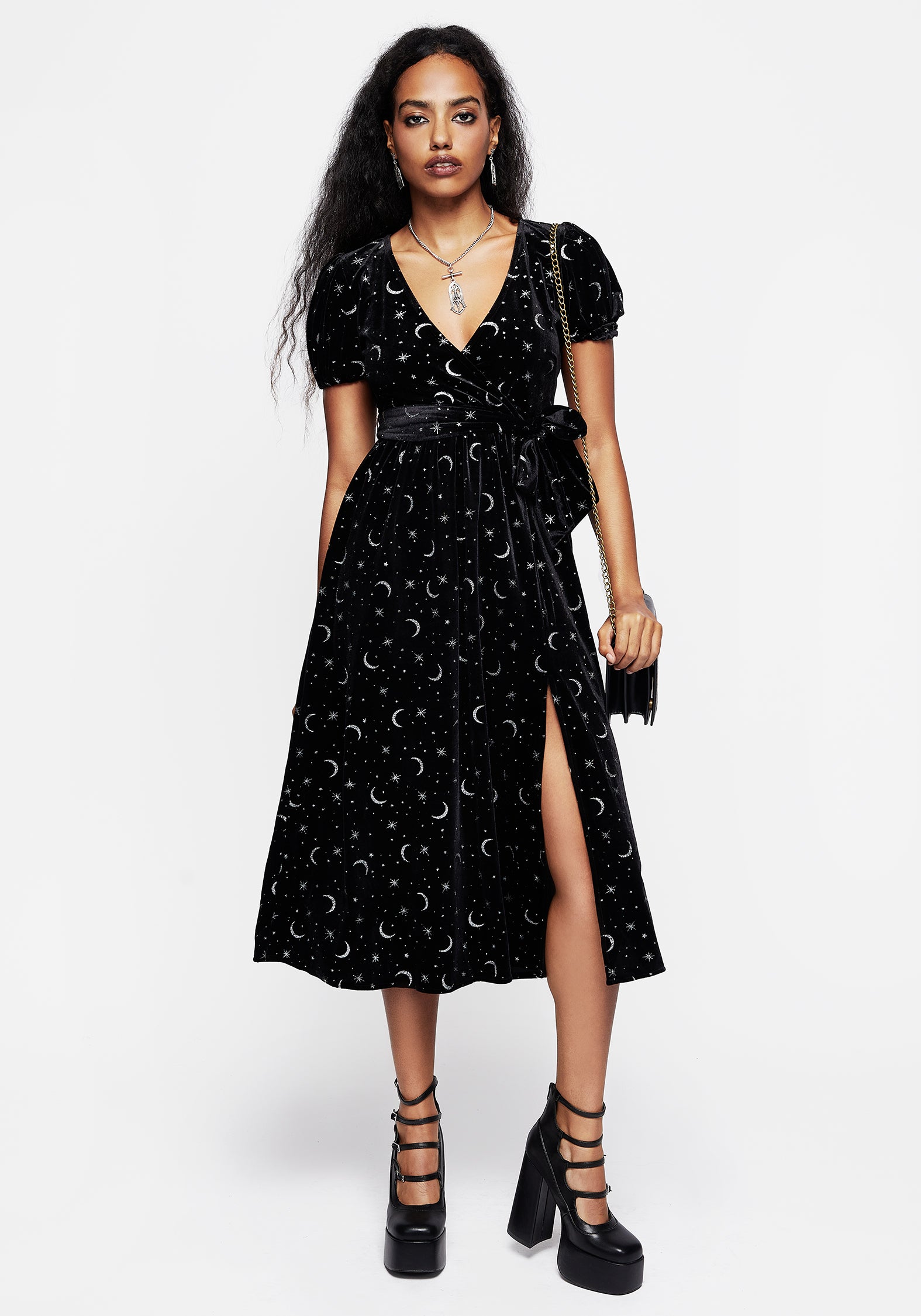 Black Velour Wrap Dress with Celestial Print & Side Split | Constellation Glitter