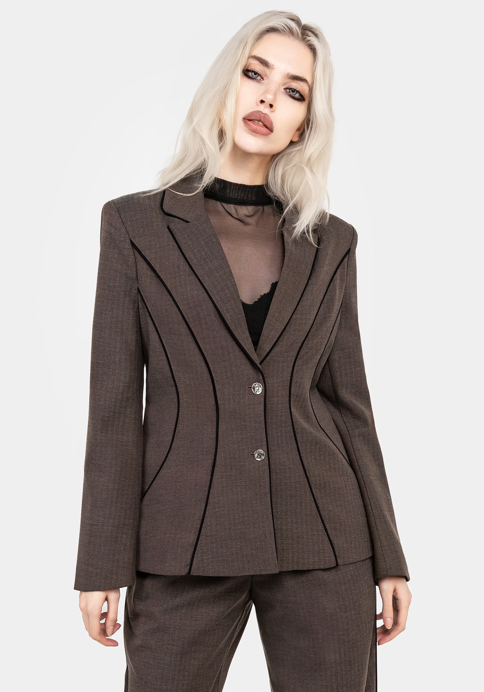 Grey Herringbone Blazer with Piping & Notched Lapels | Cointrelle