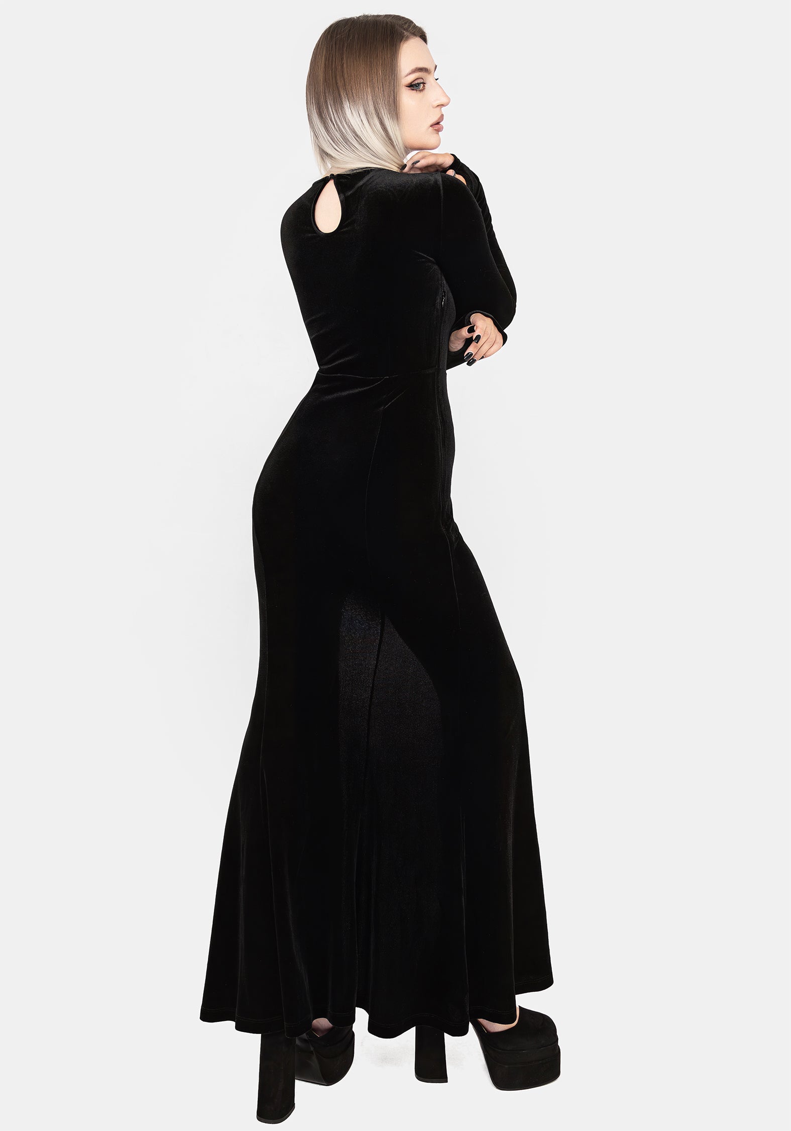 Black Velour Maxi Gown with Mesh Spider Cut-Out | Antivenom