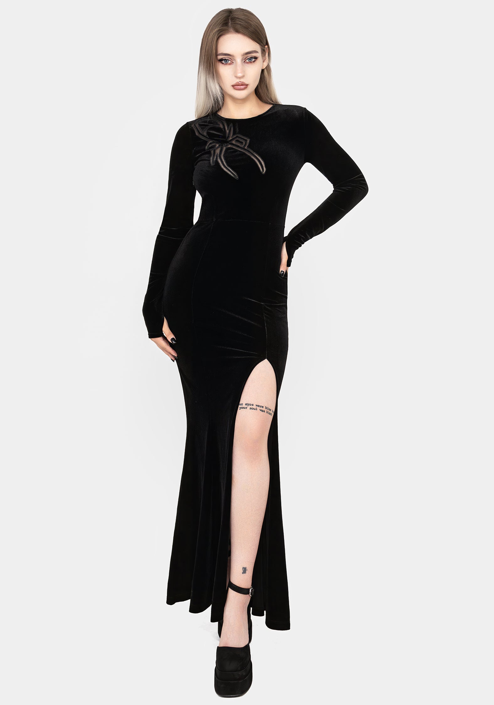 Black Velour Maxi Gown with Mesh Spider Cut-Out | Antivenom