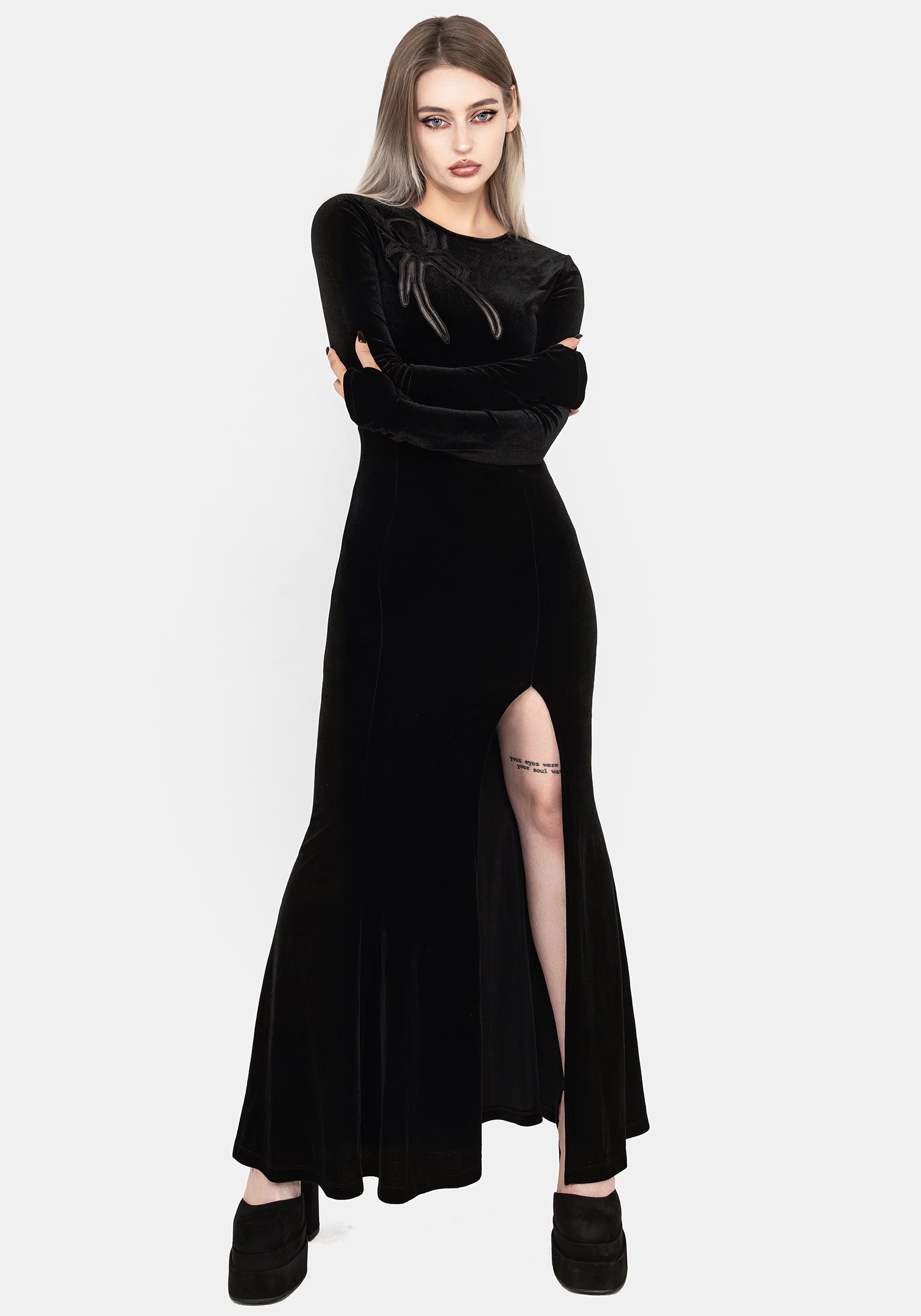 Black Velour Maxi Gown with Mesh Spider Cut-Out | Antivenom