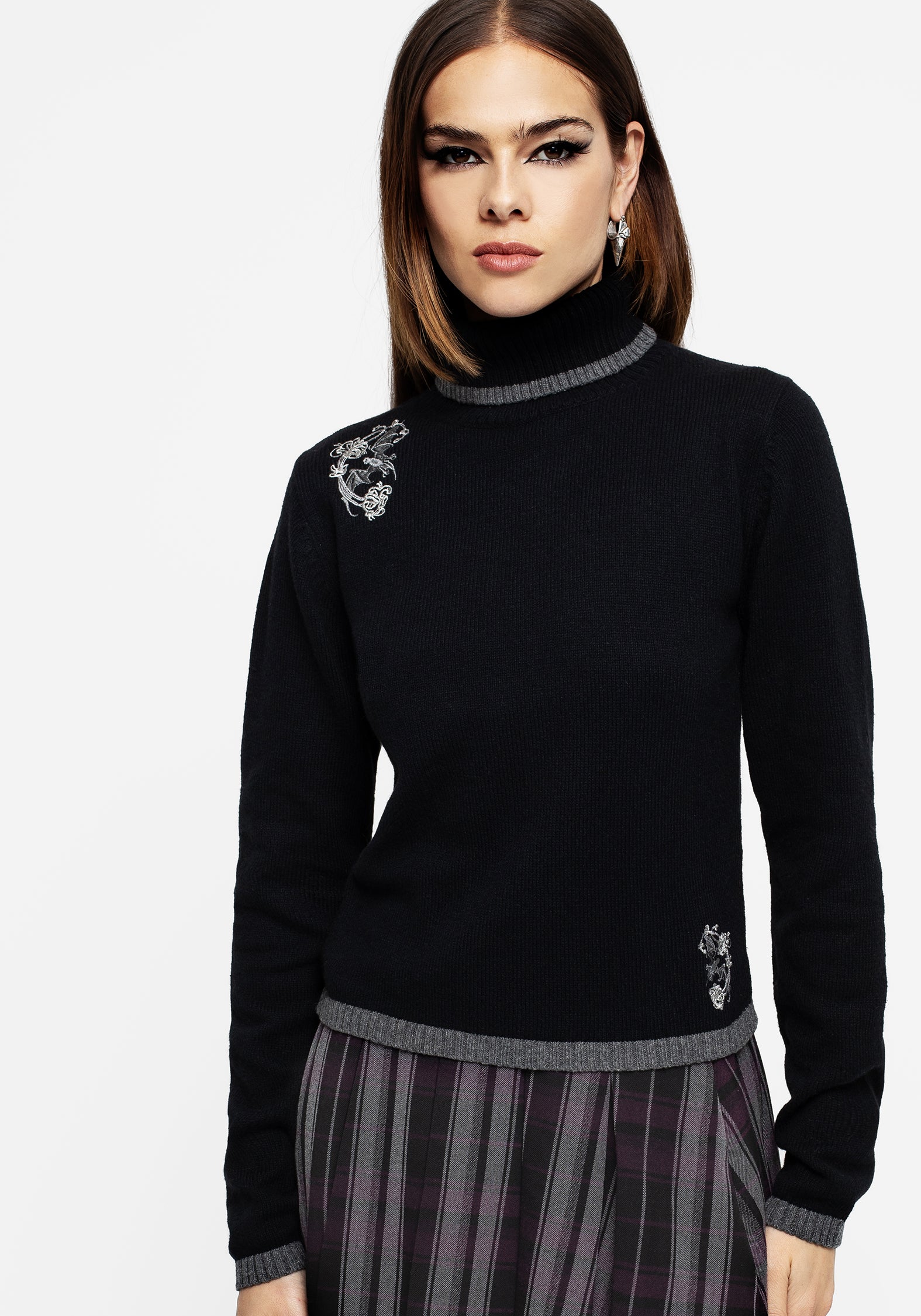 Black Bat Embroidered Turtleneck Sweater | Wool-Blend Knit