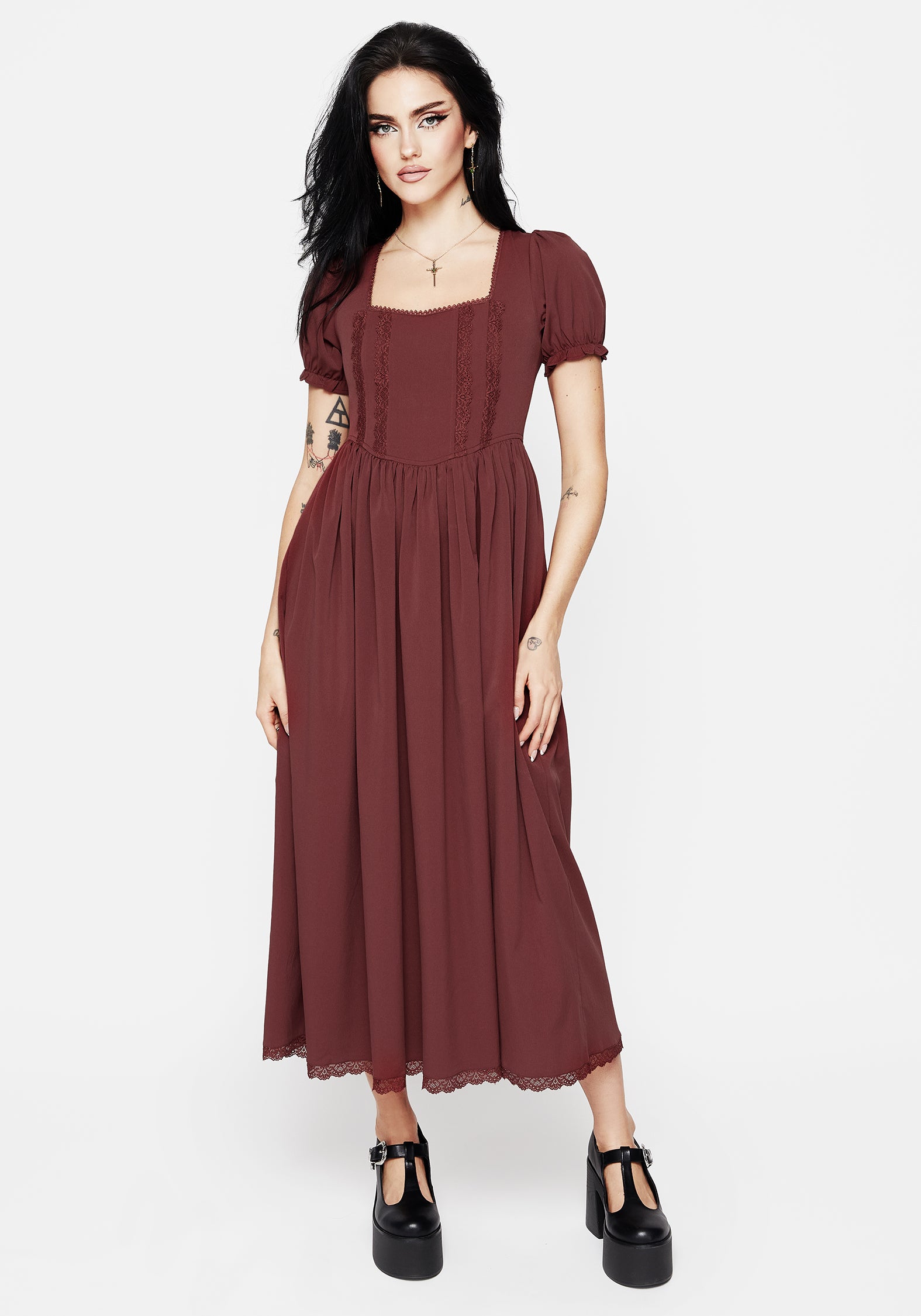 Red Lace Corset Dress with Puff Sleeves & Pockets | Darya Midaxi
