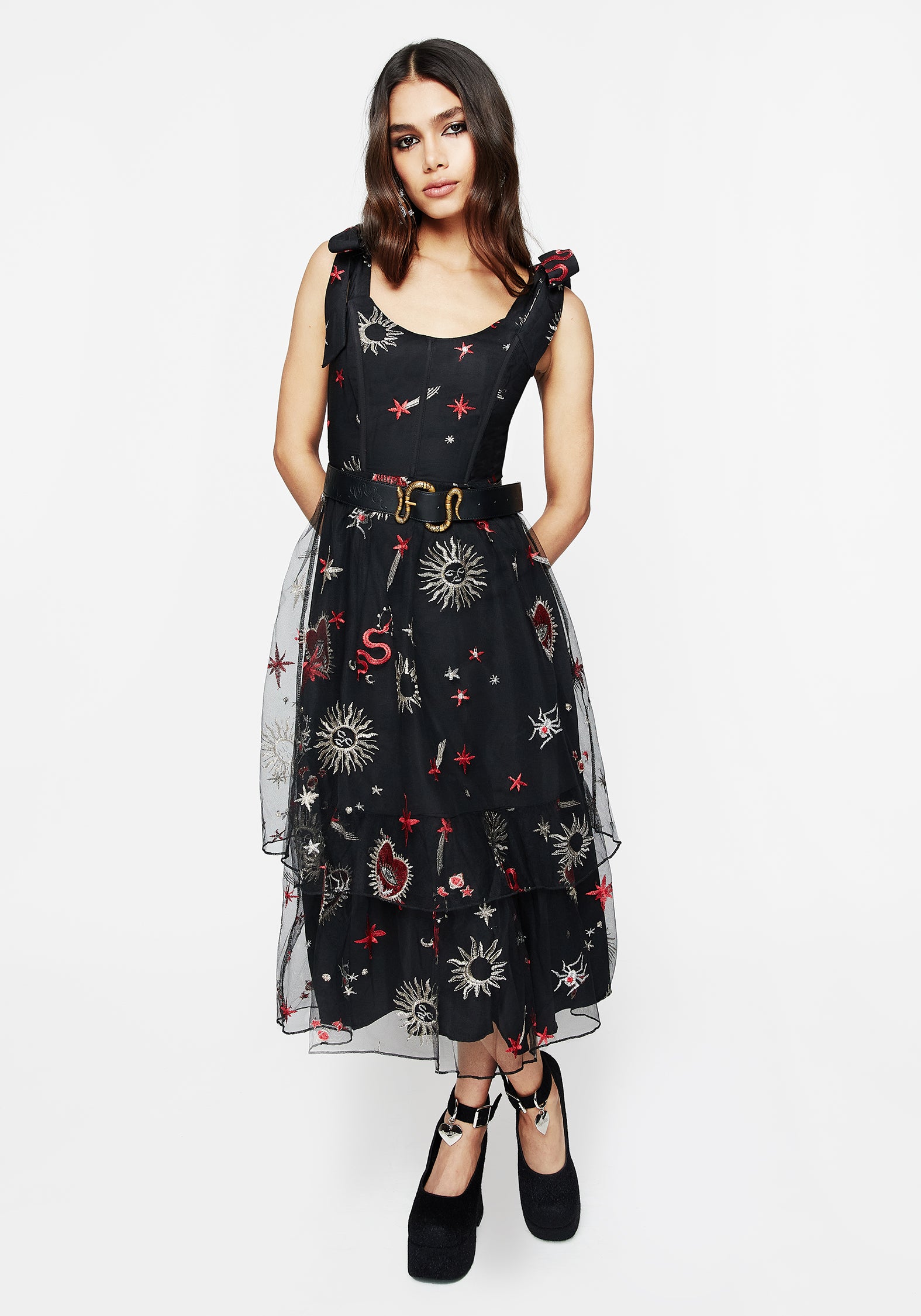 Black & Red Embroidered Corset Midi Dress with Tulle Skirt | Bloodlust