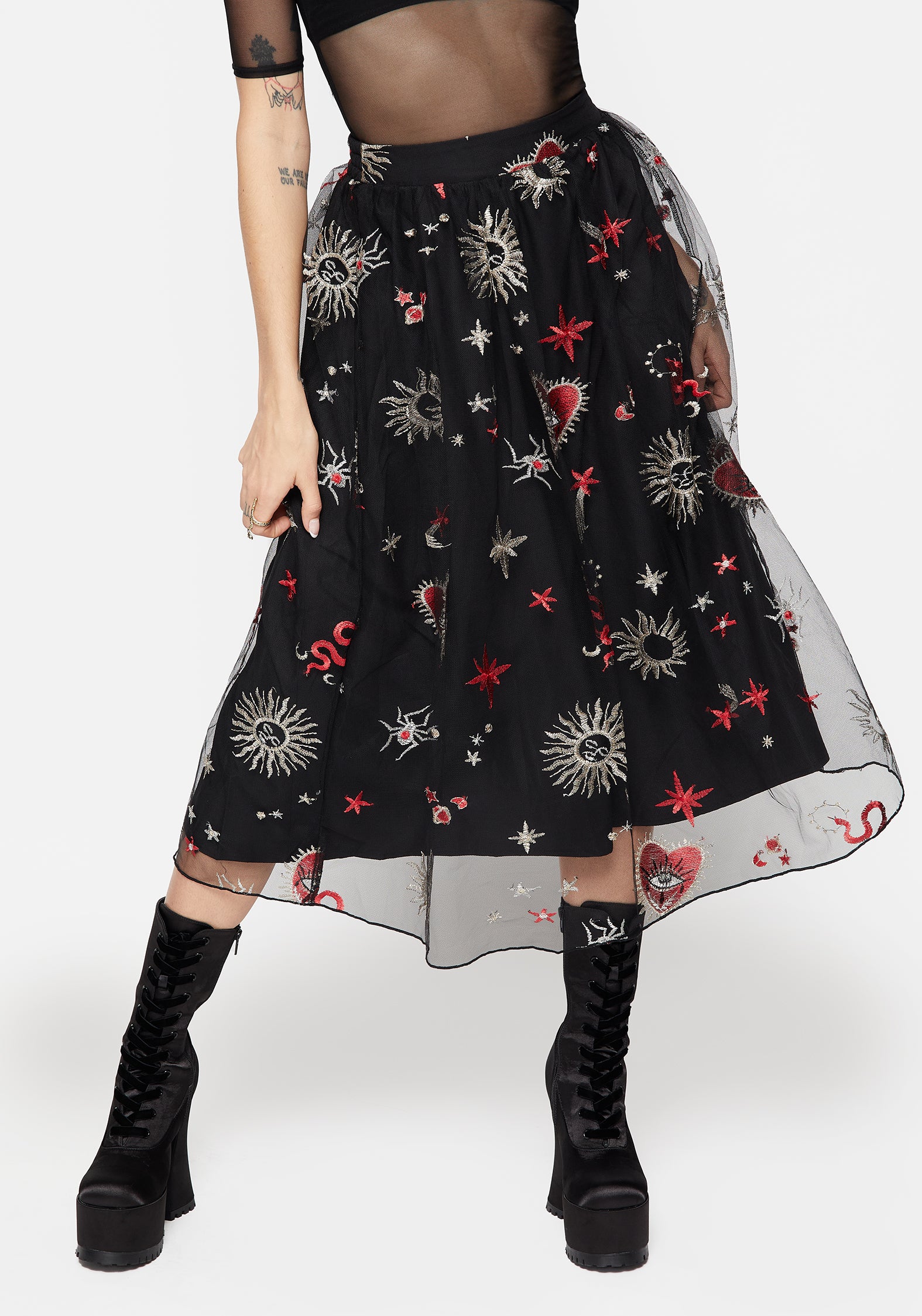 Black & Red Embroidered Midi Skirt with Tulle Layers | Bloodlust