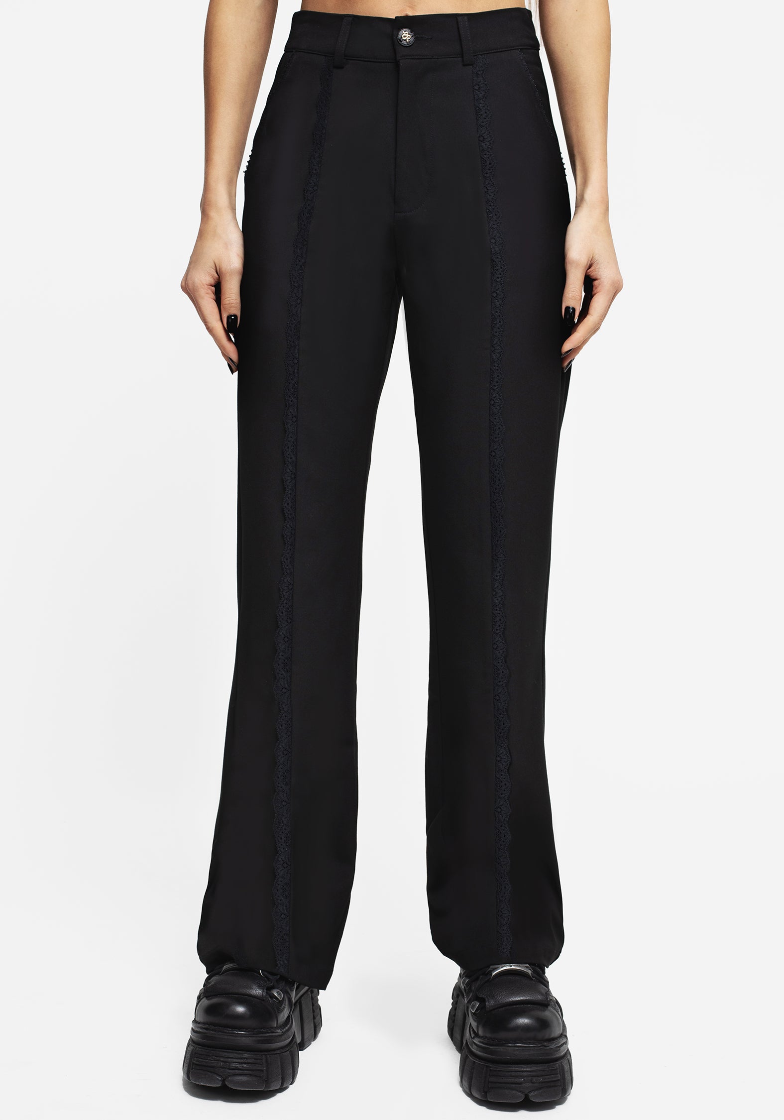 Black Lace Trim Flared Trousers | High-Rise & Stylish