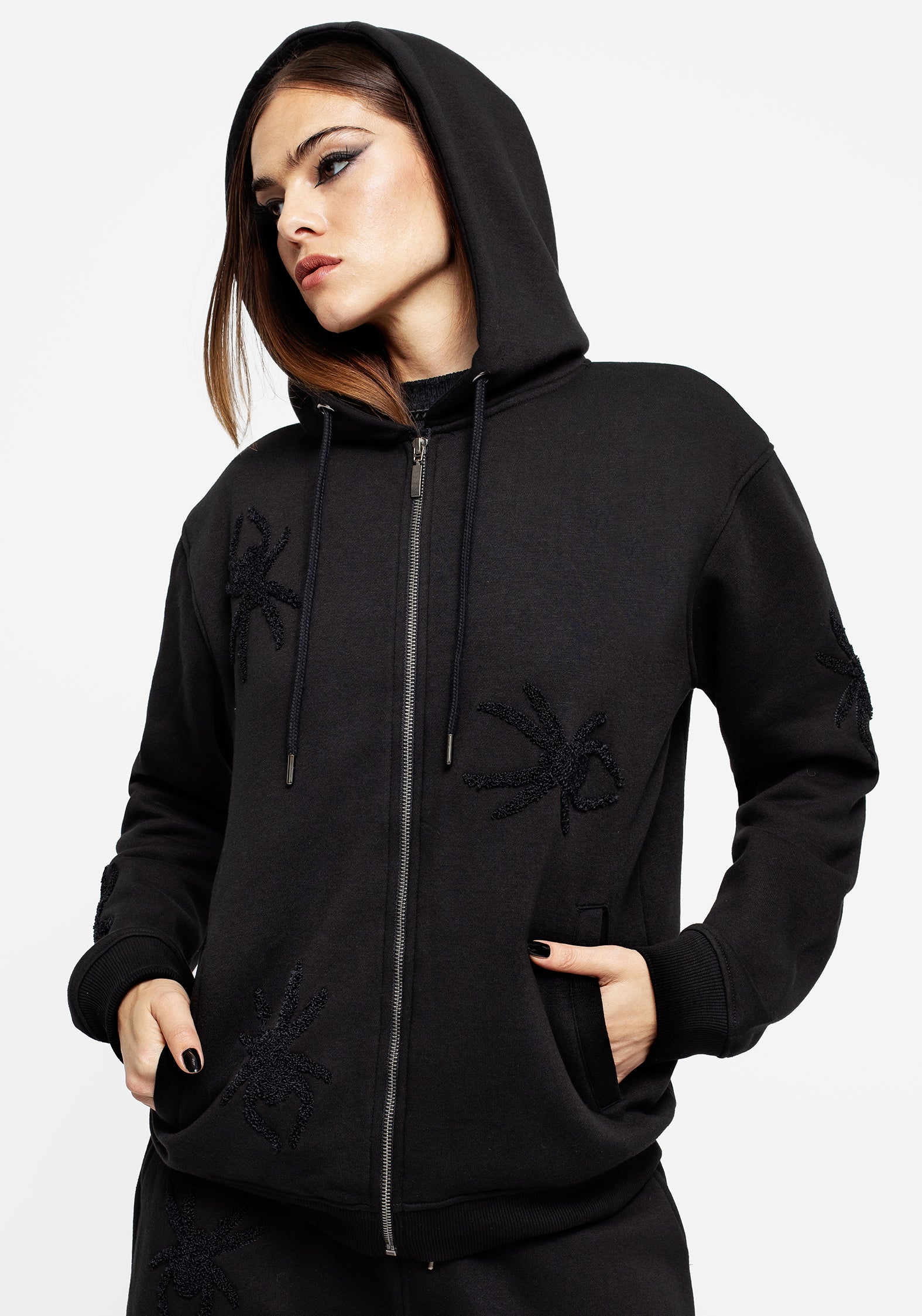 Spider Embroidered Zip Hoodie for Men & Women | Huntsman Black