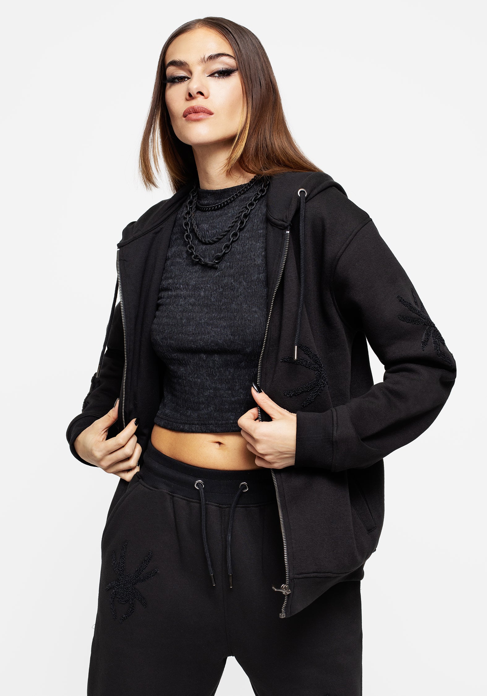 Spider Embroidered Zip Hoodie for Men & Women | Huntsman Black