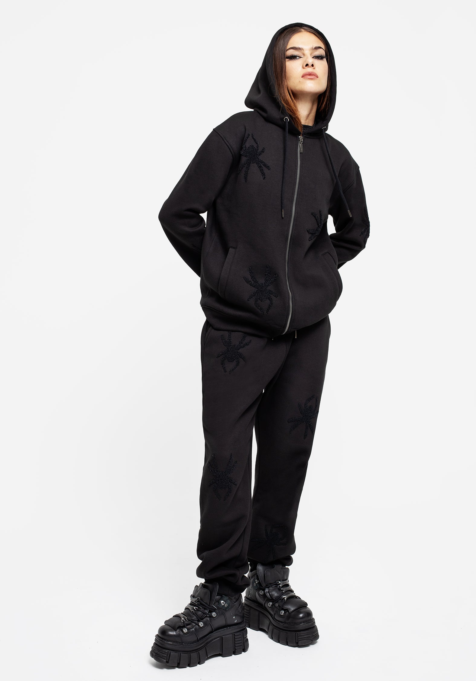 Spider Embroidered Zip Hoodie for Men & Women | Huntsman Black