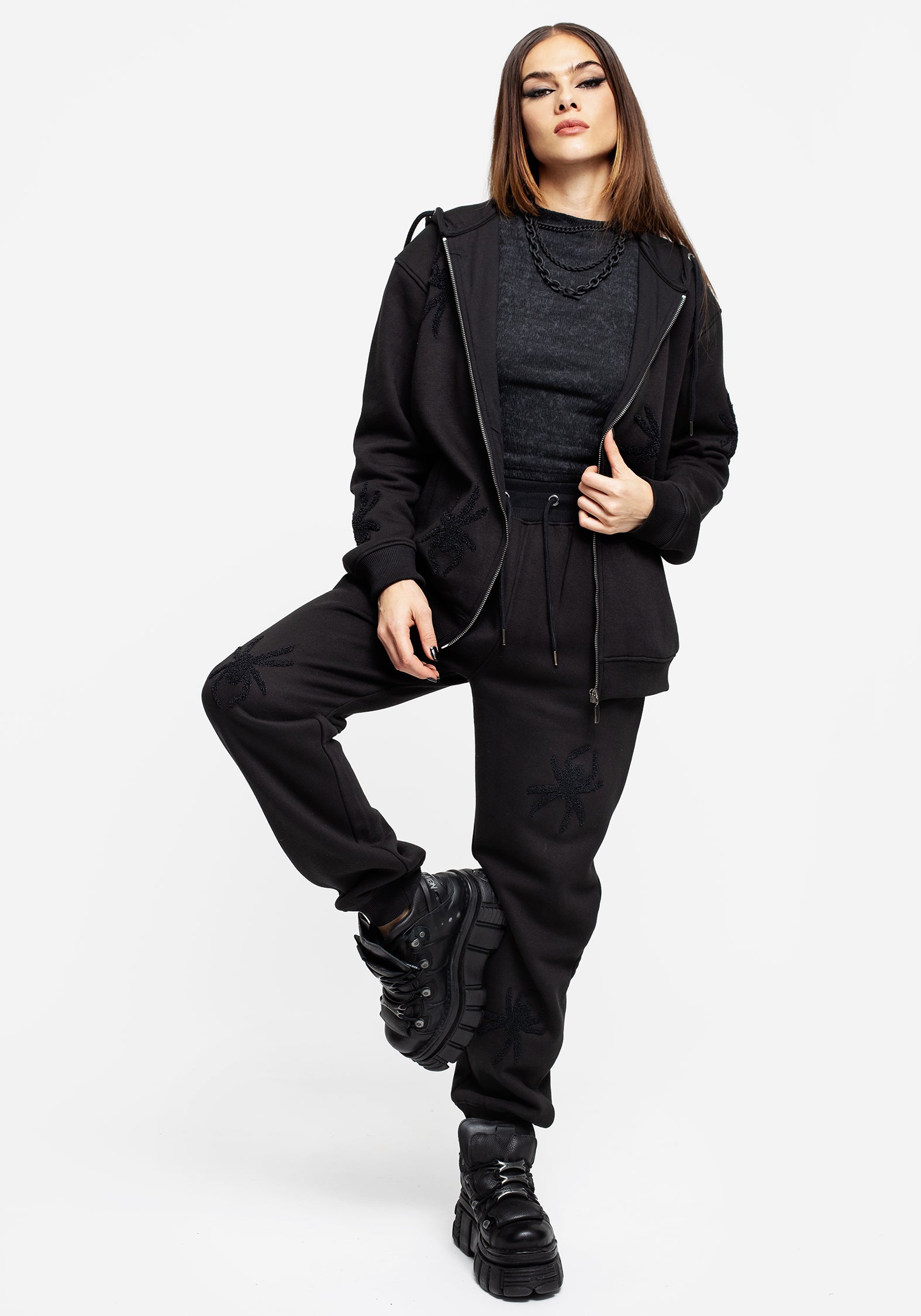 Spider Embroidered Zip Hoodie for Men & Women | Huntsman Black