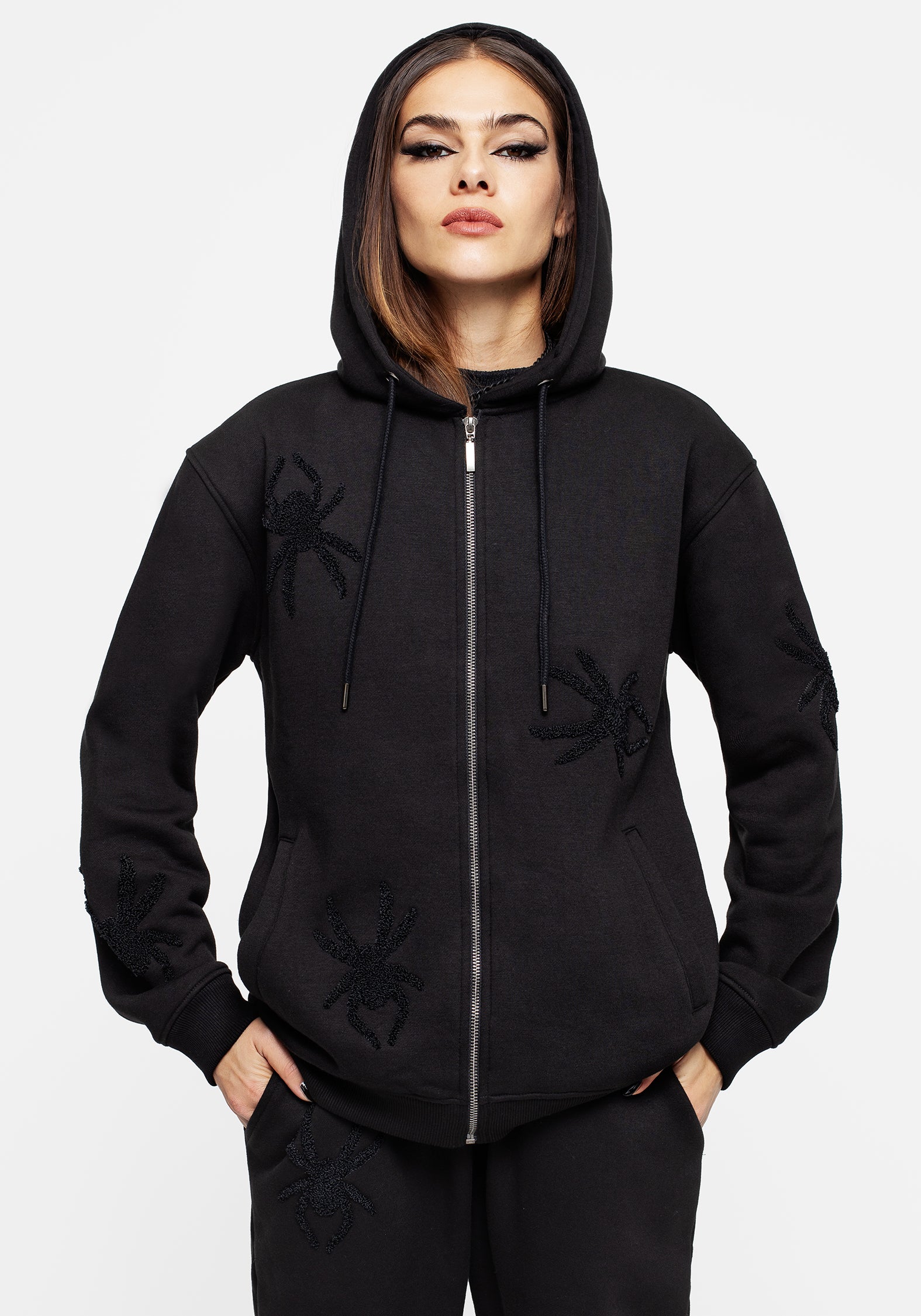 Spider Embroidered Zip Hoodie for Men & Women | Huntsman Black