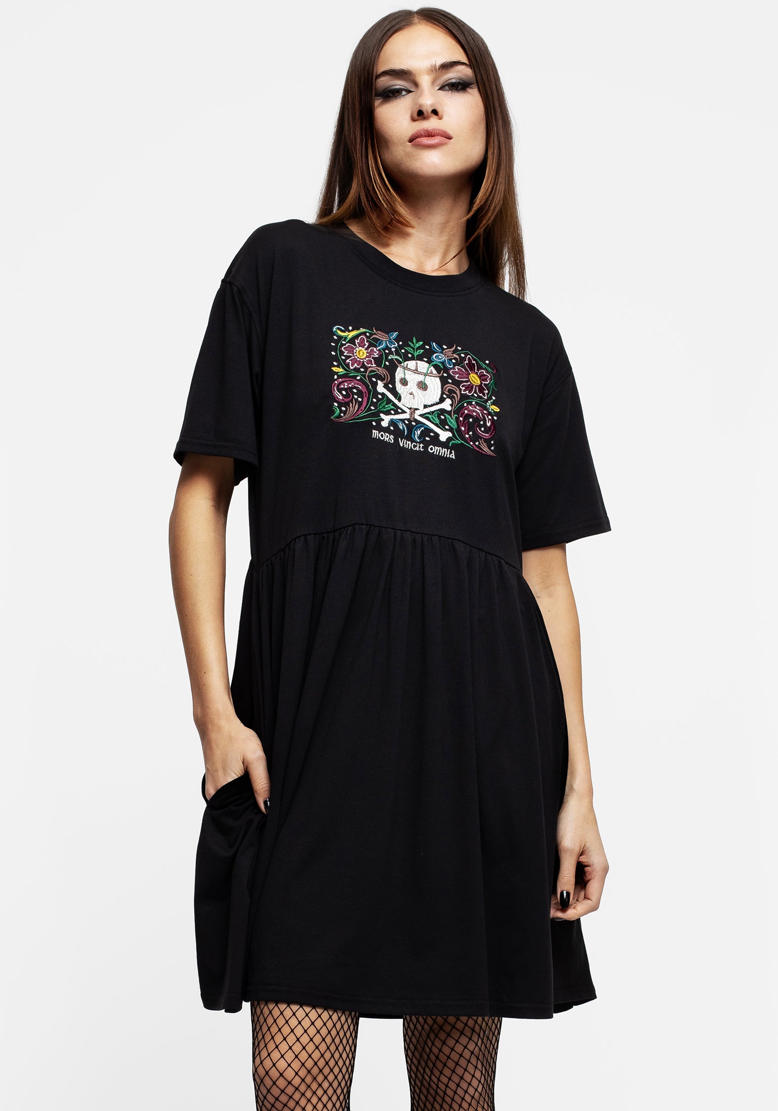 Floral Skull Embroidered Mini Skater Dress | Gothic Fit 'n' Flare