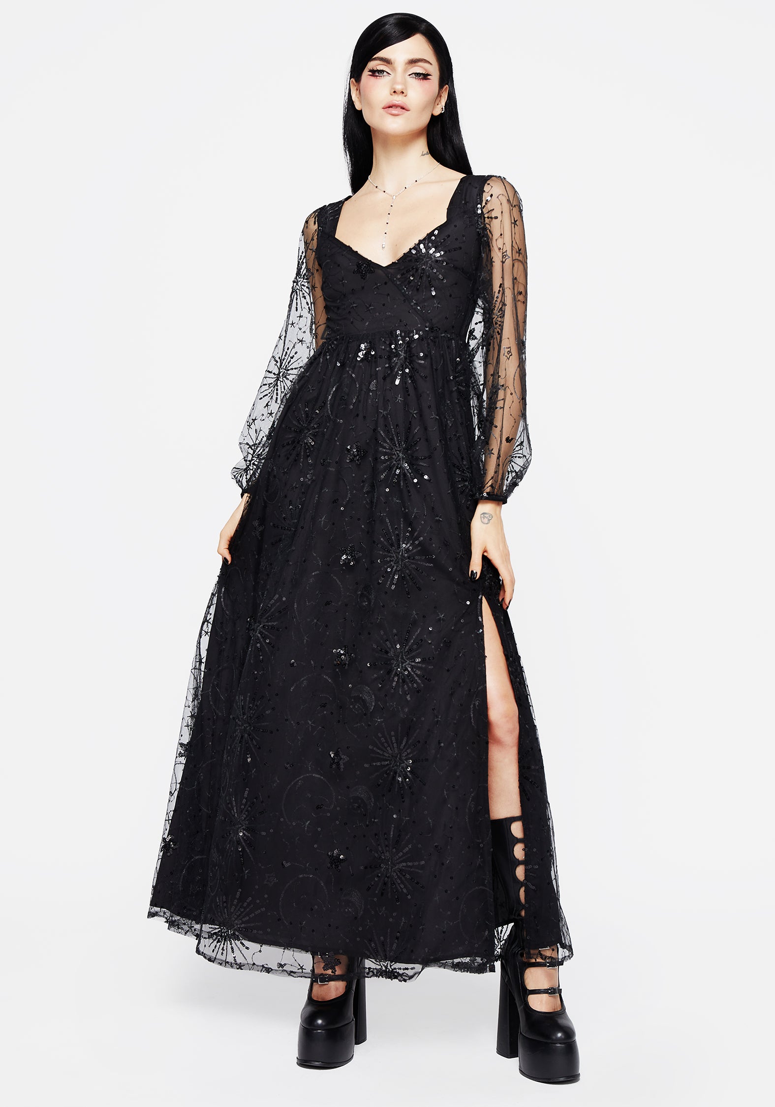 Black Celestial Sequin Embroidered Maxi Gown | Sirius