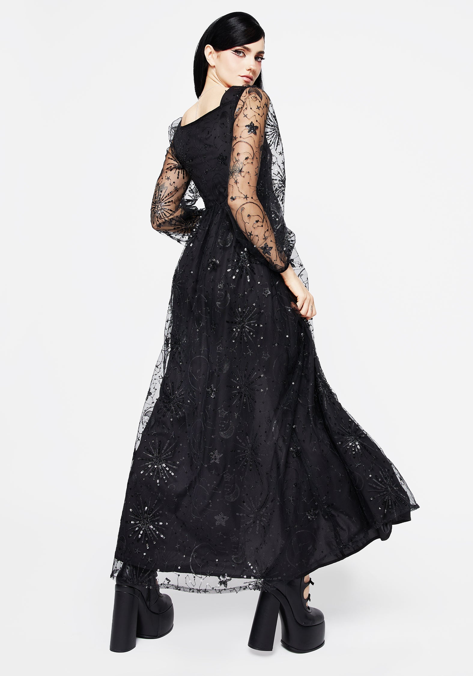 Black Celestial Sequin Embroidered Maxi Gown | Sirius