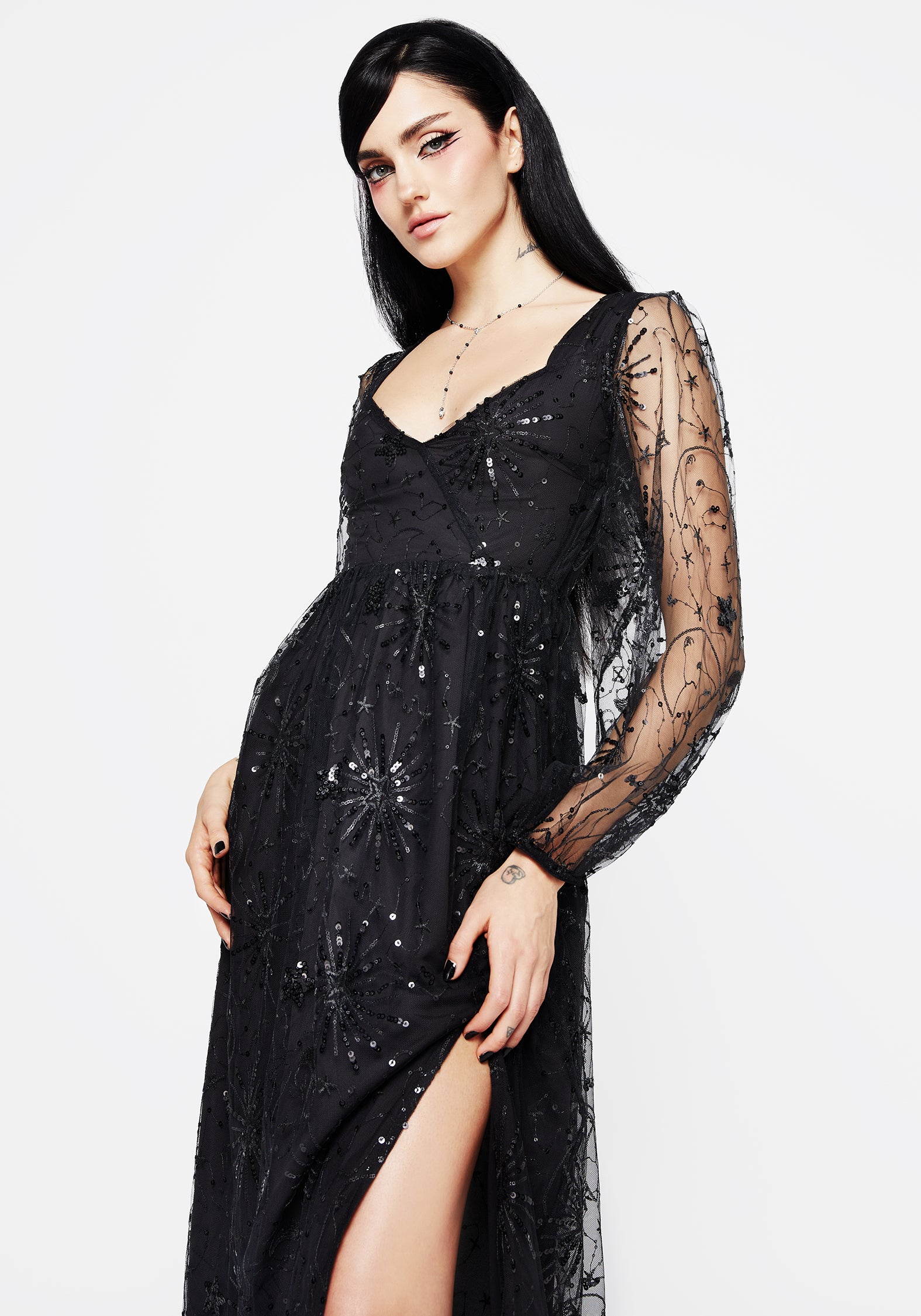 Black Celestial Sequin Embroidered Maxi Gown | Sirius