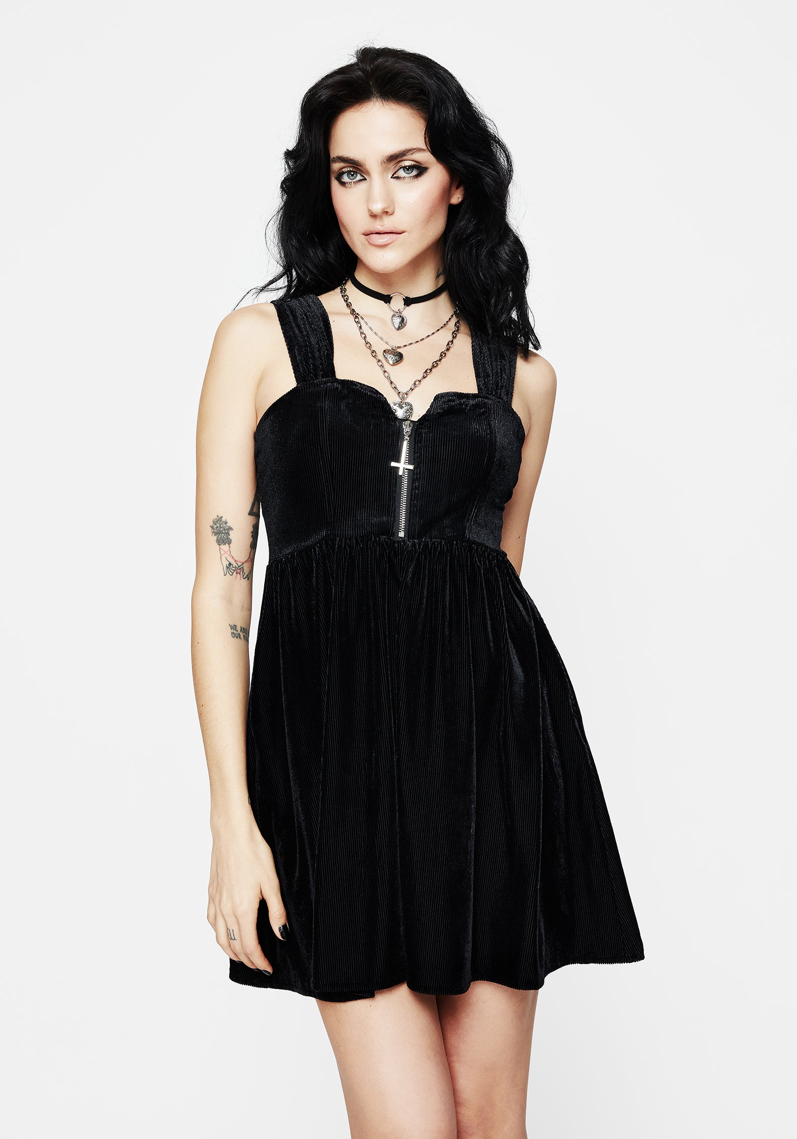 Black Ribbed Zip-Front Mini Dress with Cap Sleeves | Heartless