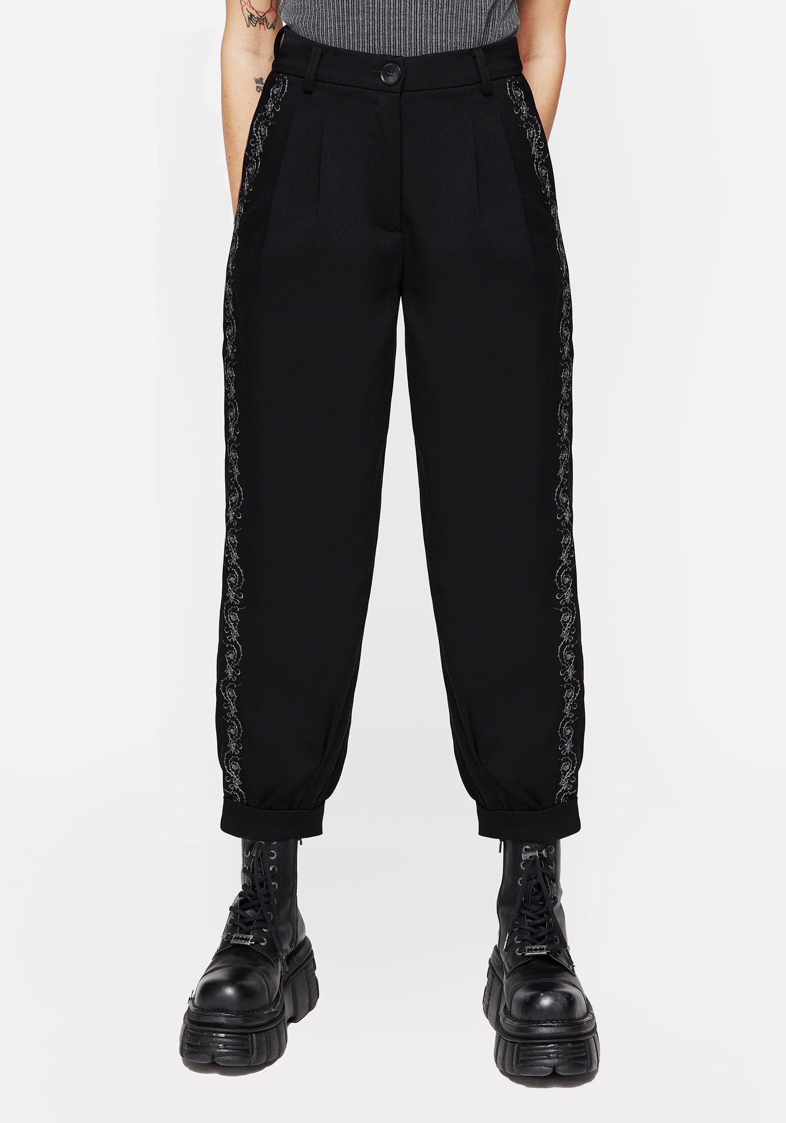 Black Embroidered Balloon Trousers with Thorn Design | Rosethorn